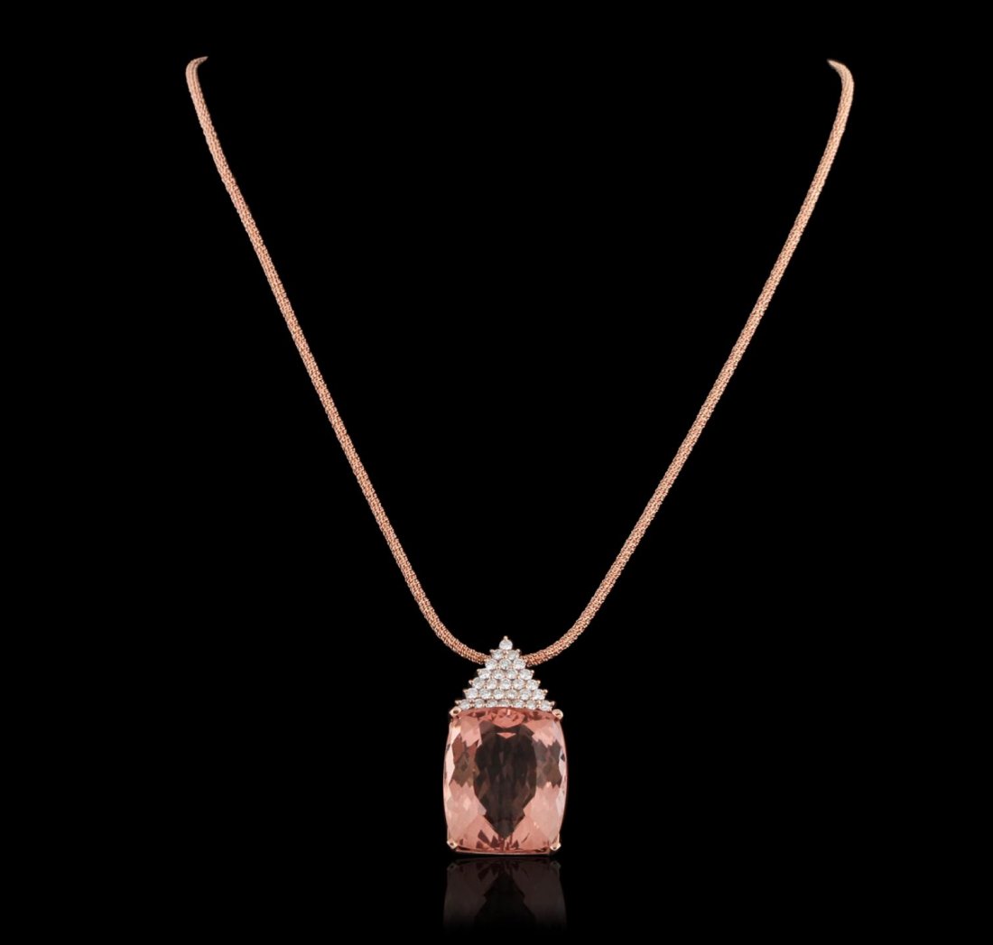 14KT Rose Gold GIA Certified 53.34ct Morganite and: 14KT Rose Gold GIA Certified 53.34ct Morganite and Diamond Pendant With Chain A9359. New Condition! TF2005JJ. One electronically tested 14KT rose gold ladies cast & assembled morganite and diamond pen