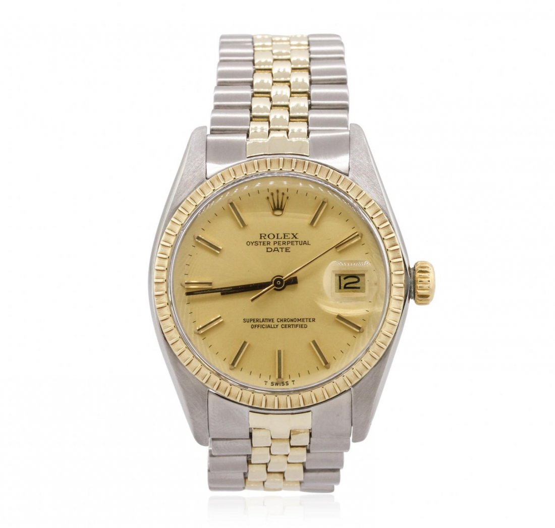 Gents Rolex Date Two-Tone Gold Wristwatch A9972: Gents Rolex Date Two-Tone Gold Wristwatch A9972. G-4 Average Condition! BF2522RM. One gents, hand crafted & machine milled Rolex Date Model wristwatch electronically tested, stainless steel Case: 35mm