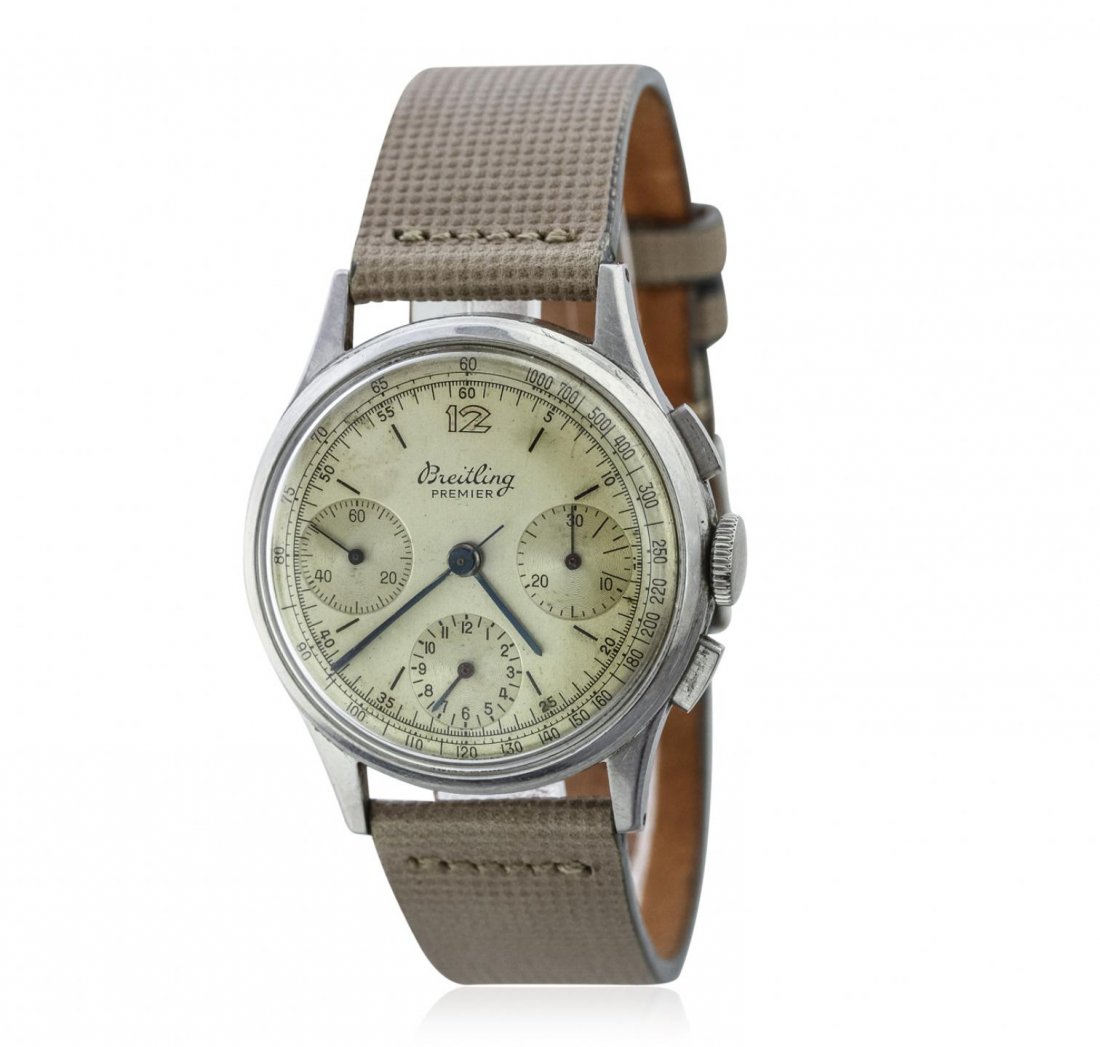 Breitling Premier Stainless Steel Wristwatch ALC18: Breitling Premier Stainless Steel Wristwatch ALC18. Good Condition! BA7572PT. One Breitling Premier wristwatch featuring: Brown leather bracelet with buckle clasp, stainless steel bezel, case, crown, 