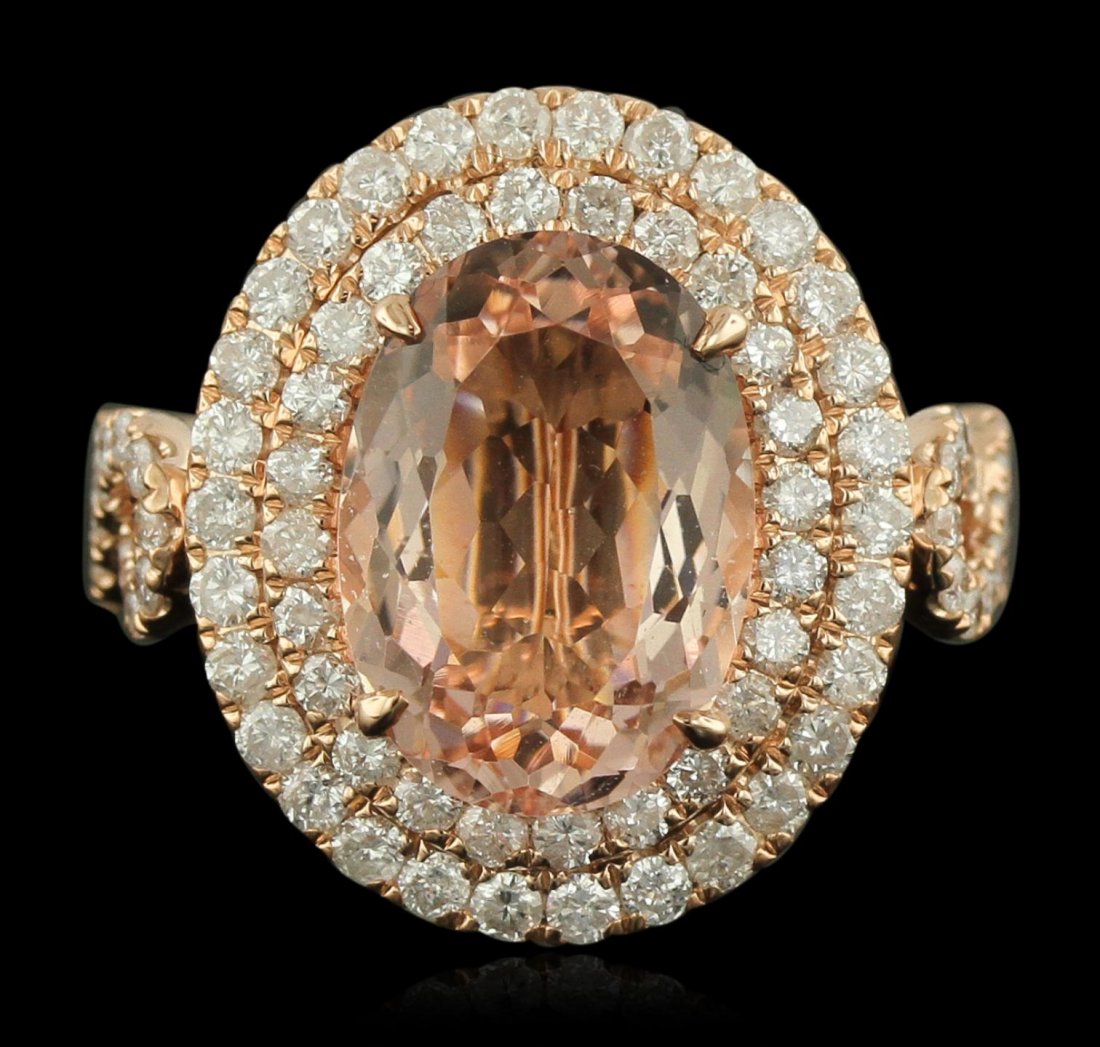 14KT Rose Gold 5.09ct Morganite and Diamond Ring A9061: 14KT Rose Gold 5.09ct Morganite and Diamond Ring A9061. Great Condition! YT6003BM. One electronically tested 14KT rose gold ladies cast morganite and diamond ring with a bright polish finish. Conditio