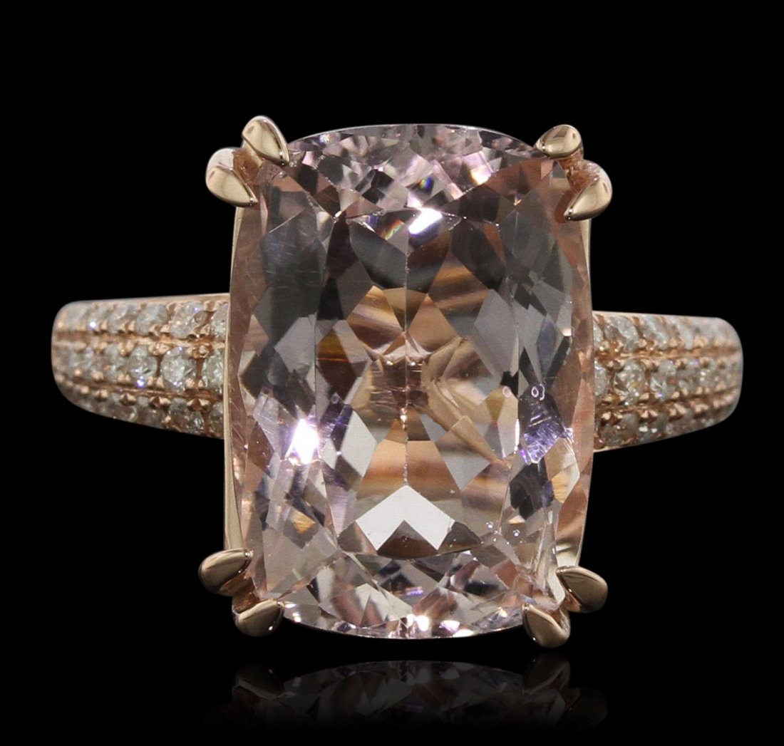 14KT Rose Gold 9.47ct Morganite and Diamond Ring A9427: 14KT Rose Gold 9.47ct Morganite and Diamond Ring A9427. New Condition! UP2011SU. One electronically tested 14KT rose gold ladies cast morganite and diamond ring with a bright polish finish. Condition 