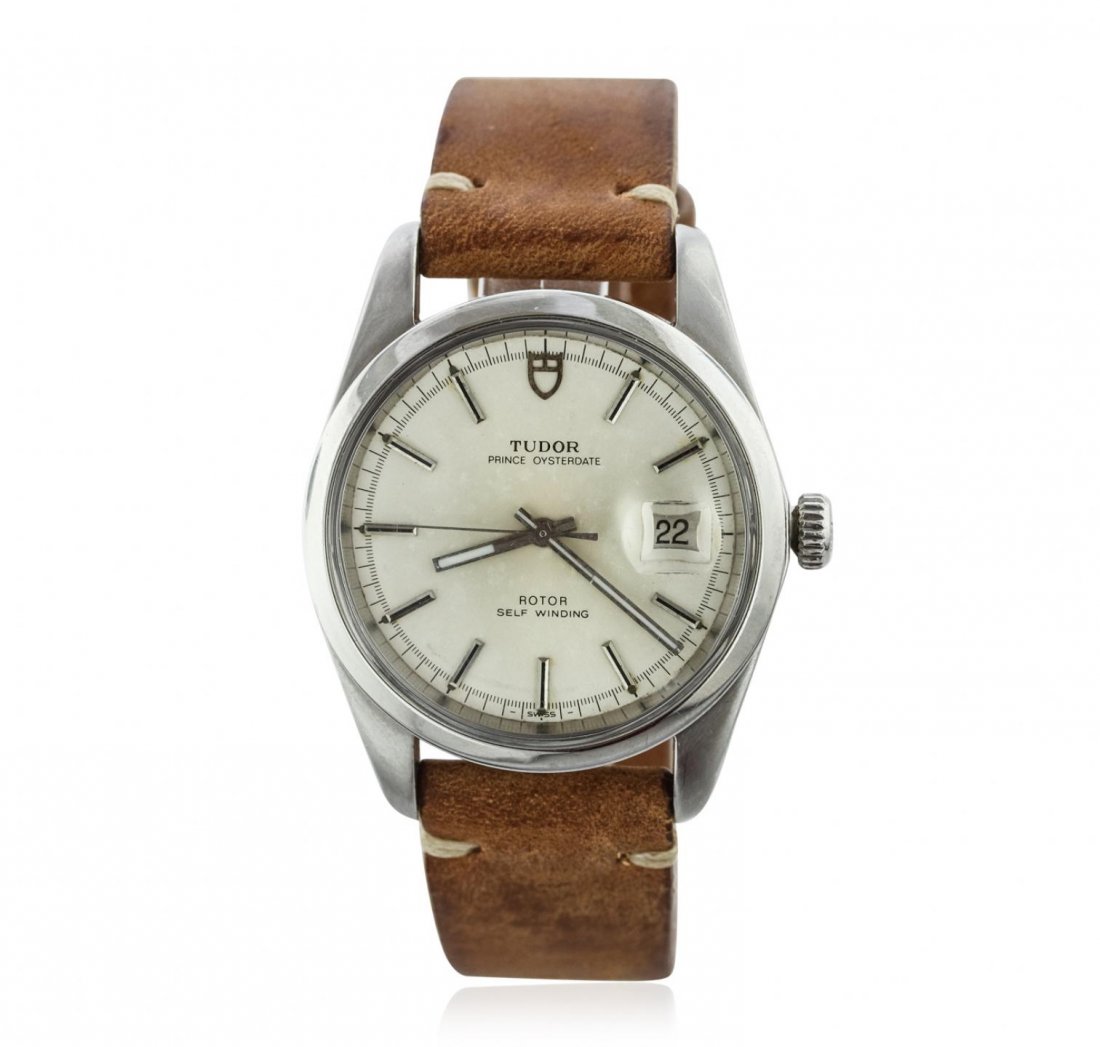 Tudor Oversize Prince Oysterdate Stainless Steel: Tudor Oversize Prince Oysterdate Stainless Steel Wristwatch ALC12. Good Condition! VU7071DT. One Tudor Oversize Prince Oysterdate wristwatch featuring: Brown leather bracelet with buckle clasp, stainl