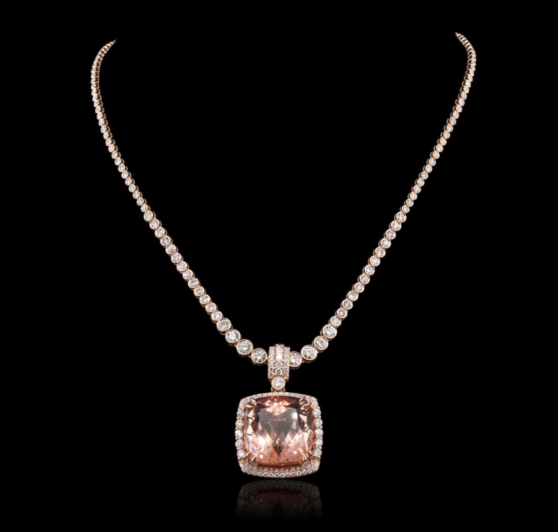 14KT Rose Gold 32.92ct GIA Certified Morganite and: 14KT Rose Gold 32.92ct GIA Certified Morganite and Diamond Pendant With Chain A9294. New Condition! VC6009MW. One electronically tested 14KT rose gold lady's combination cast & assembled pendant & cha