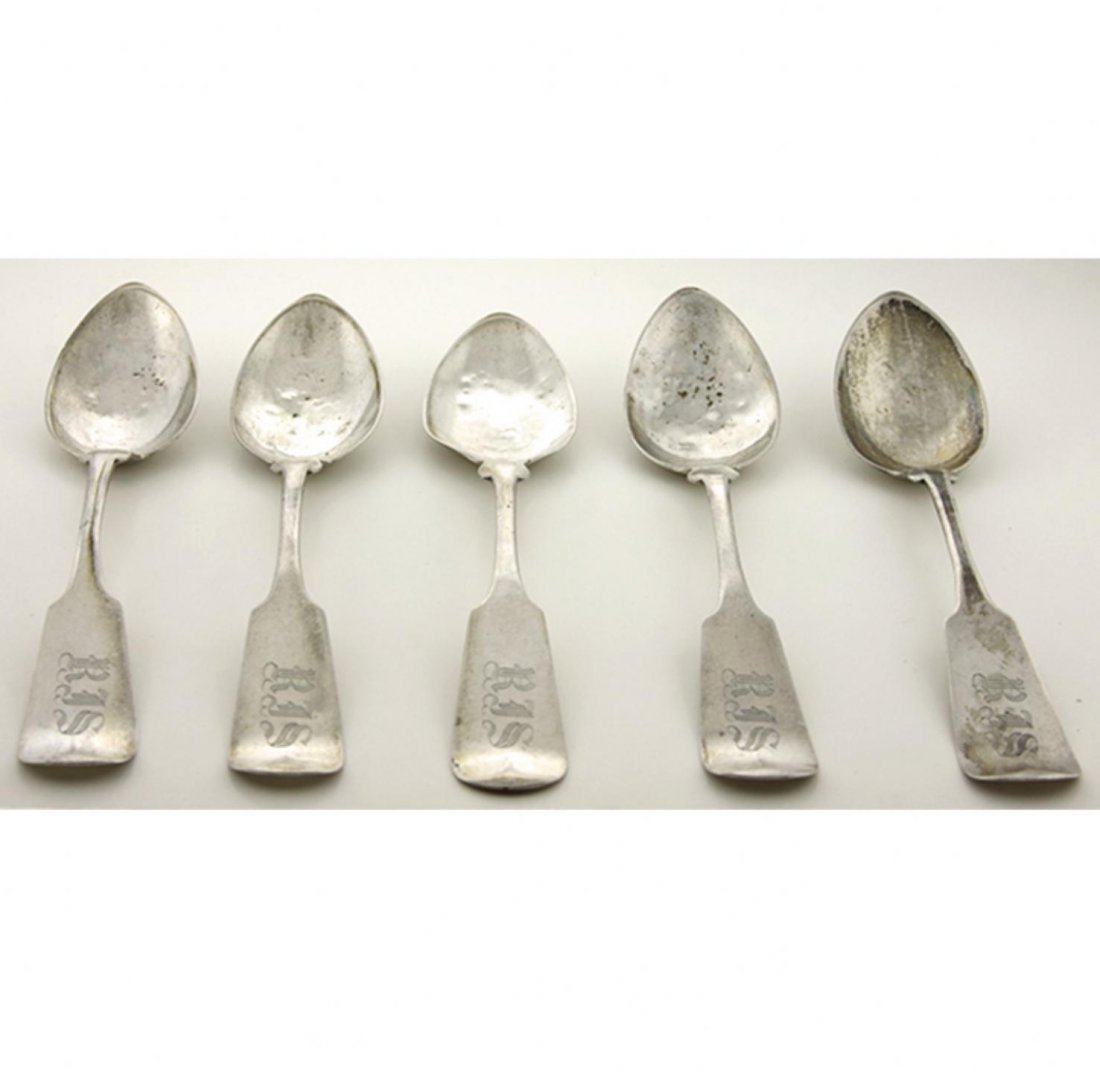 Lot of 5 Albert Coles Coin Silver Spoons ED1454: Lot of 5 Albert Coles Coin Silver Spoons ED1454. Good Condition! NR502CK. One lot of 5 antique Albert coles coin silver spoons in the fiddle pattern circa 1870's New York City. Hallmarked AC eagle (Al
