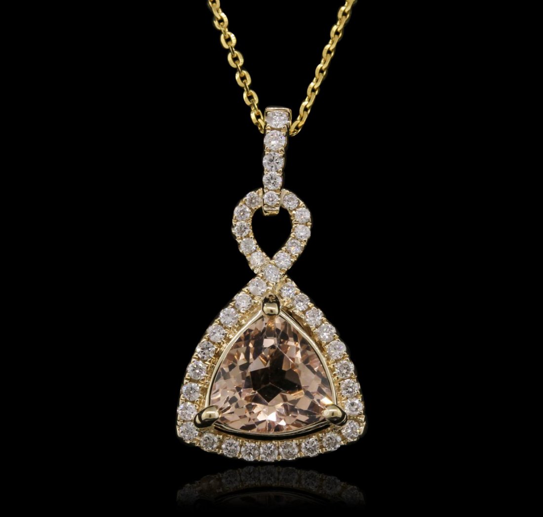 14KT Yellow Gold 2.03ct Morganite and Diamond Pendant: 14KT Yellow Gold 2.03ct Morganite and Diamond Pendant A8638. New Condition! MY408NT. One electronically tested 14KT yellow gold lady's combination cast & assembled pendant with a bright polish finish.