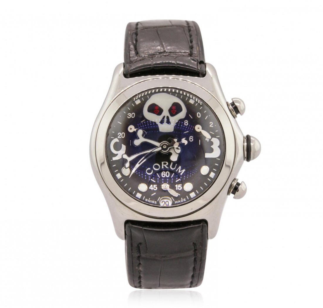 Stainless Steel Corum Bubble Jolly Roger Wristwatch: Stainless Steel Corum Bubble Jolly Roger Wristwatch GB6534. Good Condition! KR6061BB. One wristwatch featuring: Black leather strap with black stitching, Stainless Steel case, crown, lugs and bezel, b