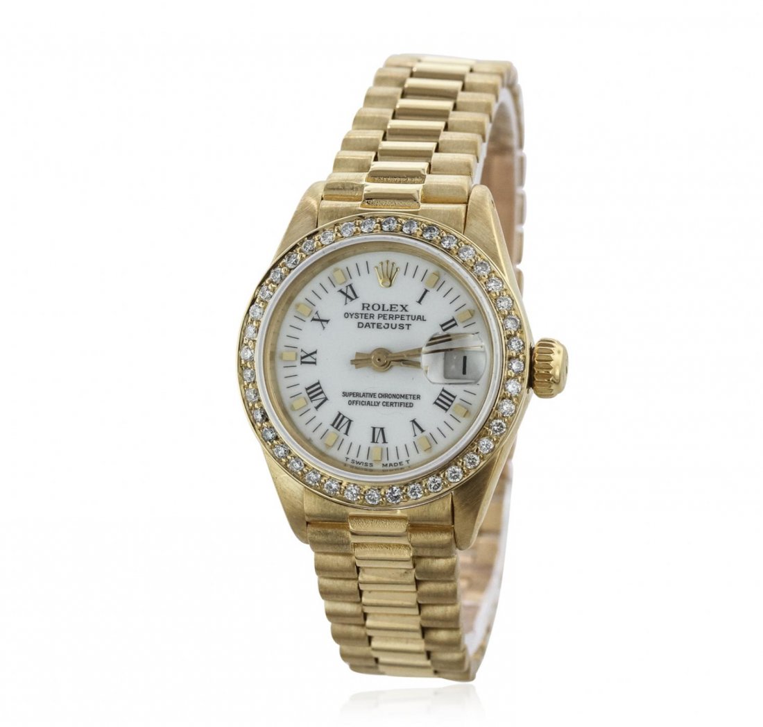 Ladies Rolex DateJust 18KT Yellow Gold 0.50ctw Diamond: Ladies Rolex DateJust 18KT Yellow Gold 0.50ctw Diamond Wristwatch A10049. G-4 Average Condition! RR4055NT. One ladies, hand crafted and machine milled Rolex Lady President the DateJust model wristwatc