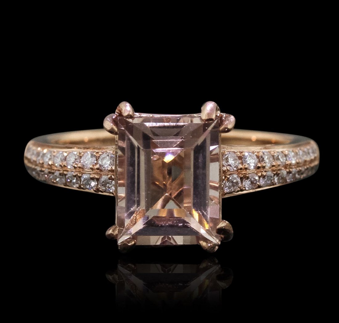 14KT Rose Gold 1.88ct Morganite and Diamond Ring A9996: 14KT Rose Gold 1.88ct Morganite and Diamond Ring A9996. New Condition! KR655BB. One electronically tested 14KT rose gold lady's combination cast & assembled ring with a bright polish finish. Condition