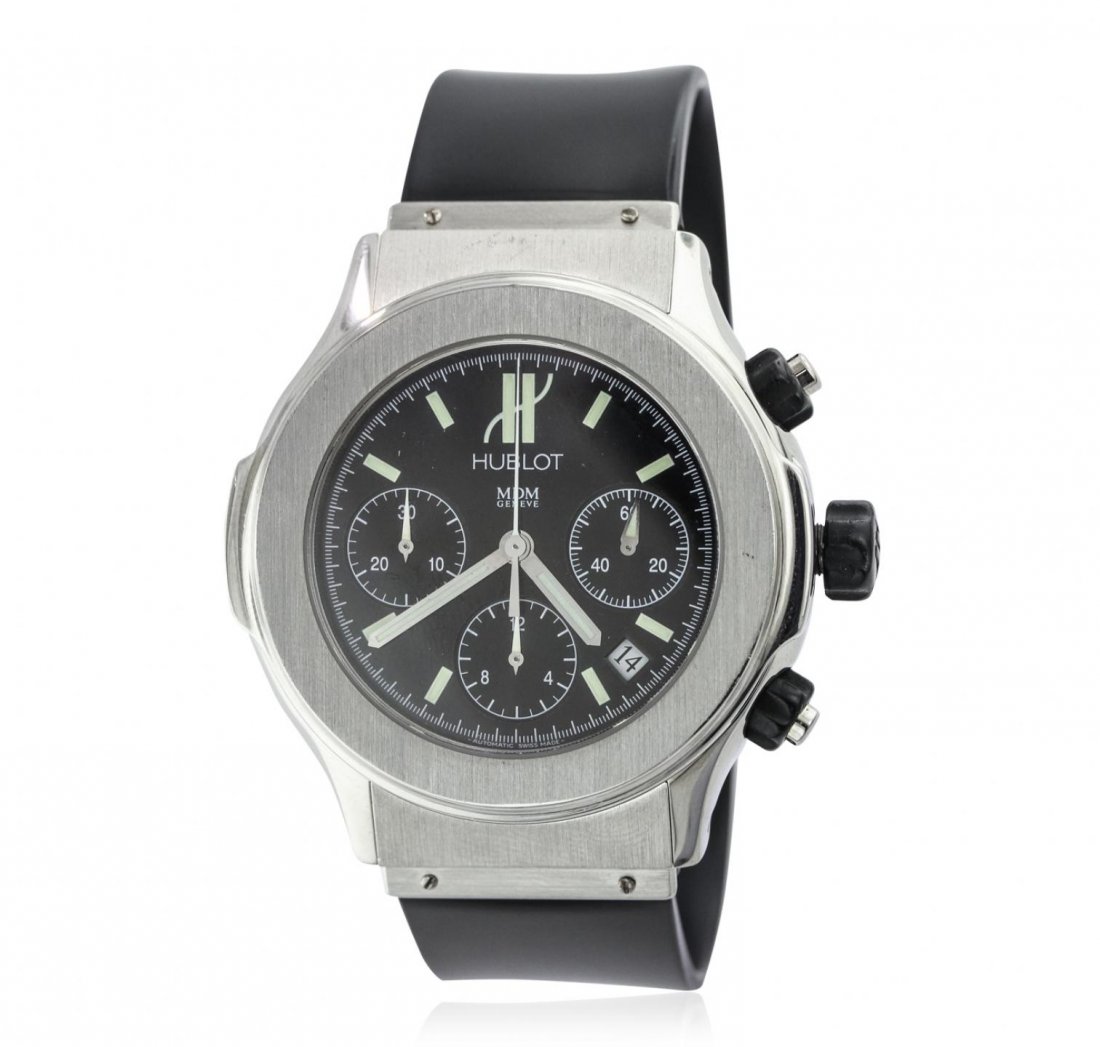 Hublot Stainless Steel Super B Wristwatch GB6805: Hublot Stainless Steel Super B Wristwatch GB6805. G-5 Fine Condition! WT6003DN. One, Hublot Super B Chronograph wristwatch electronically tested stainless steel, Case: 42mm, Case Back: secured by eigh