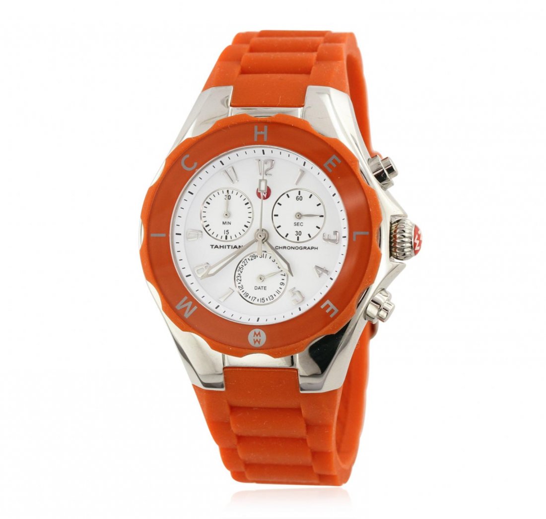 Ladies Stainless Steel Michele Jelly Bean Wristwatch: Ladies Stainless Steel Michele Jelly Bean Wristwatch GB4978. Good Condition! WK508RH. One ladies Michele Tahitian Jelly Bean watch. This watch features Silver Tone Stainless Steel Case, Silicone Strap
