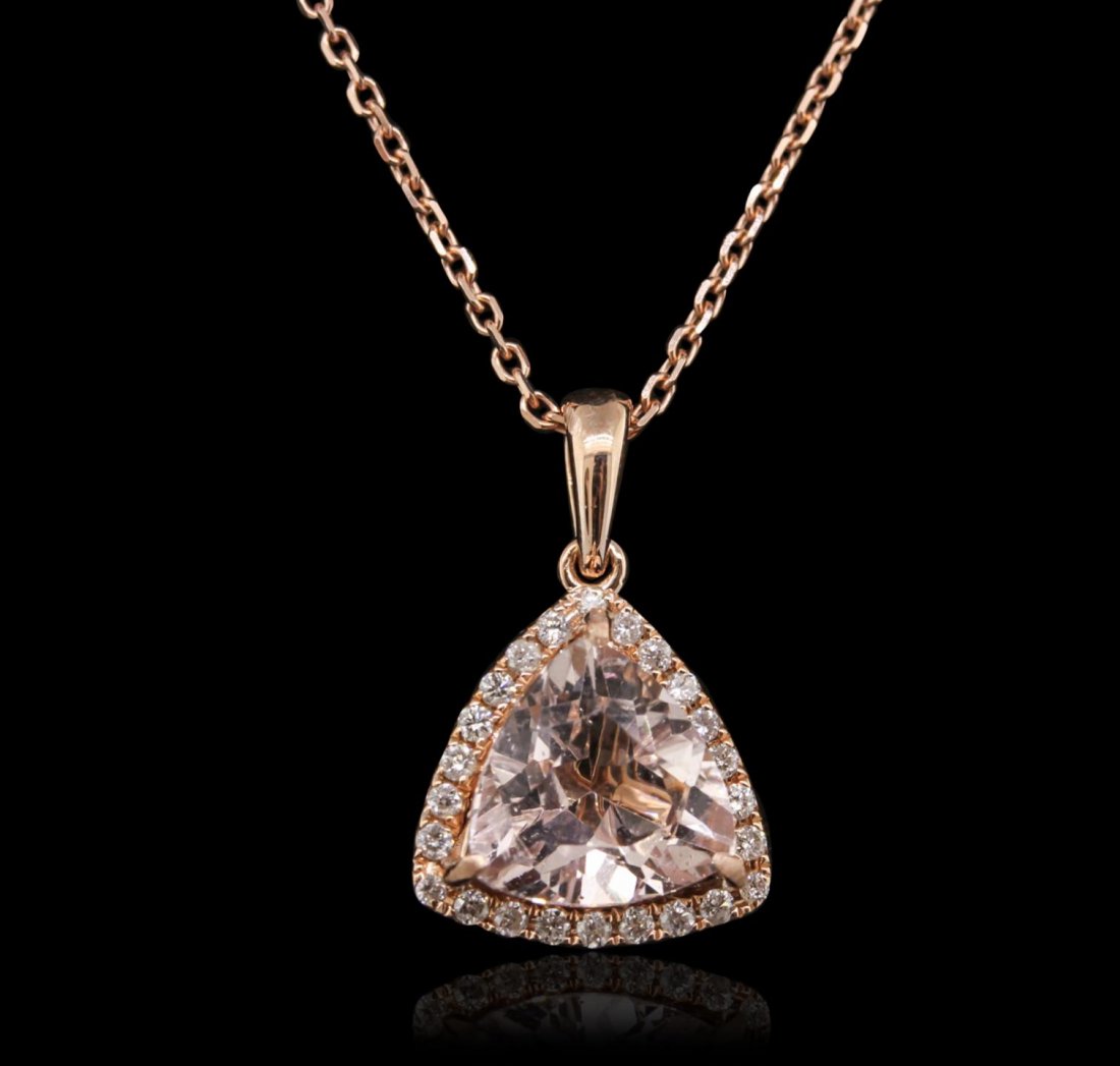 14KT Rose Gold 1.69ct Morganite and Diamond Pendant: 14KT Rose Gold 1.69ct Morganite and Diamond Pendant With Chain A10306. New Condition! CN856KD. One electronically tested 14KT rose gold ladies cast & assembled morganite and diamond pendant with chain