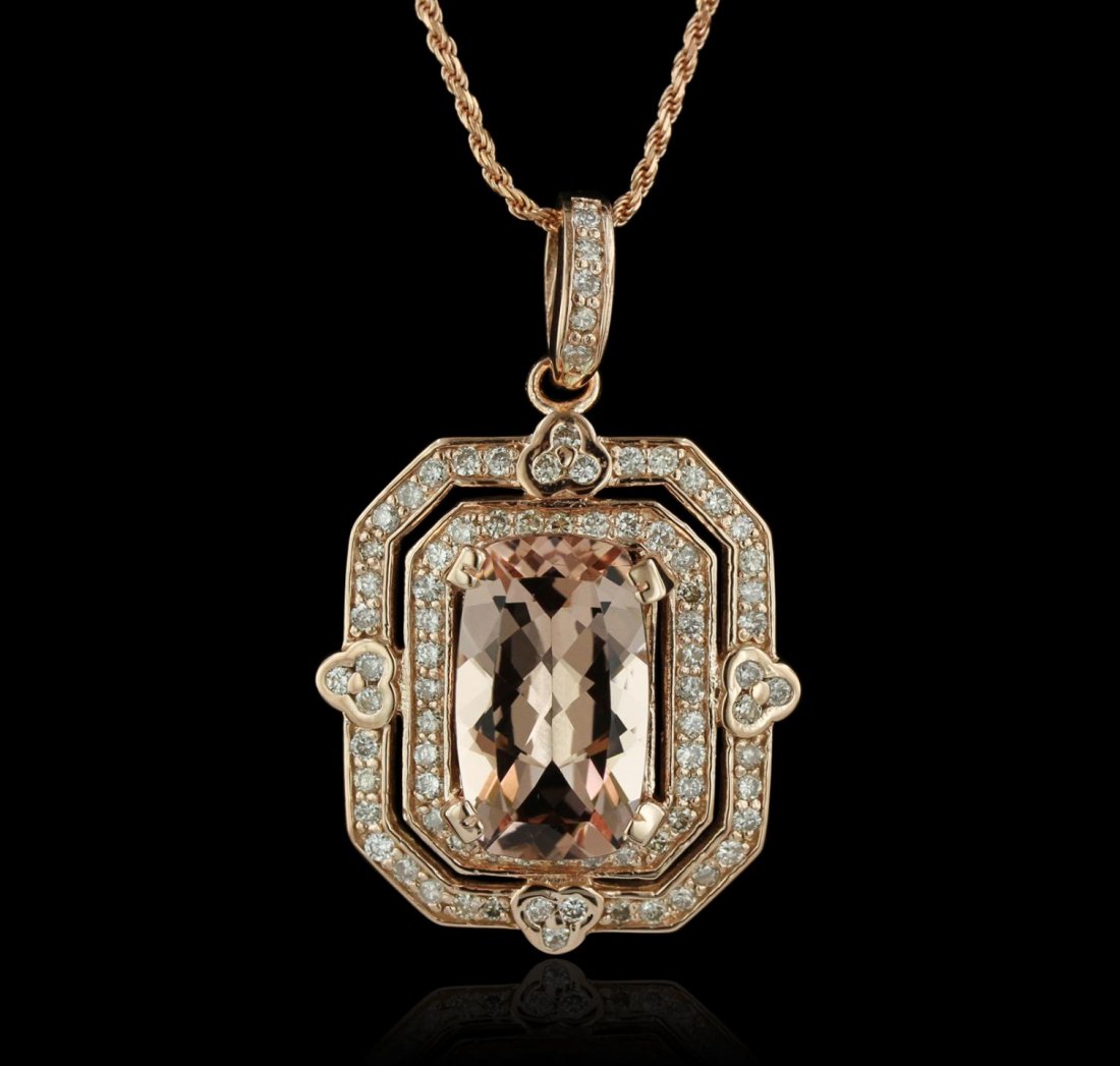 14KT Rose Gold 7.54ct Morganite and Diamond Pendant: 14KT Rose Gold 7.54ct Morganite and Diamond Pendant With Chain A8263. New Condition! KJ6052XB. One electronically tested 14KT rose gold lady's combination cast & die struck pendant & chain 17.0" long,