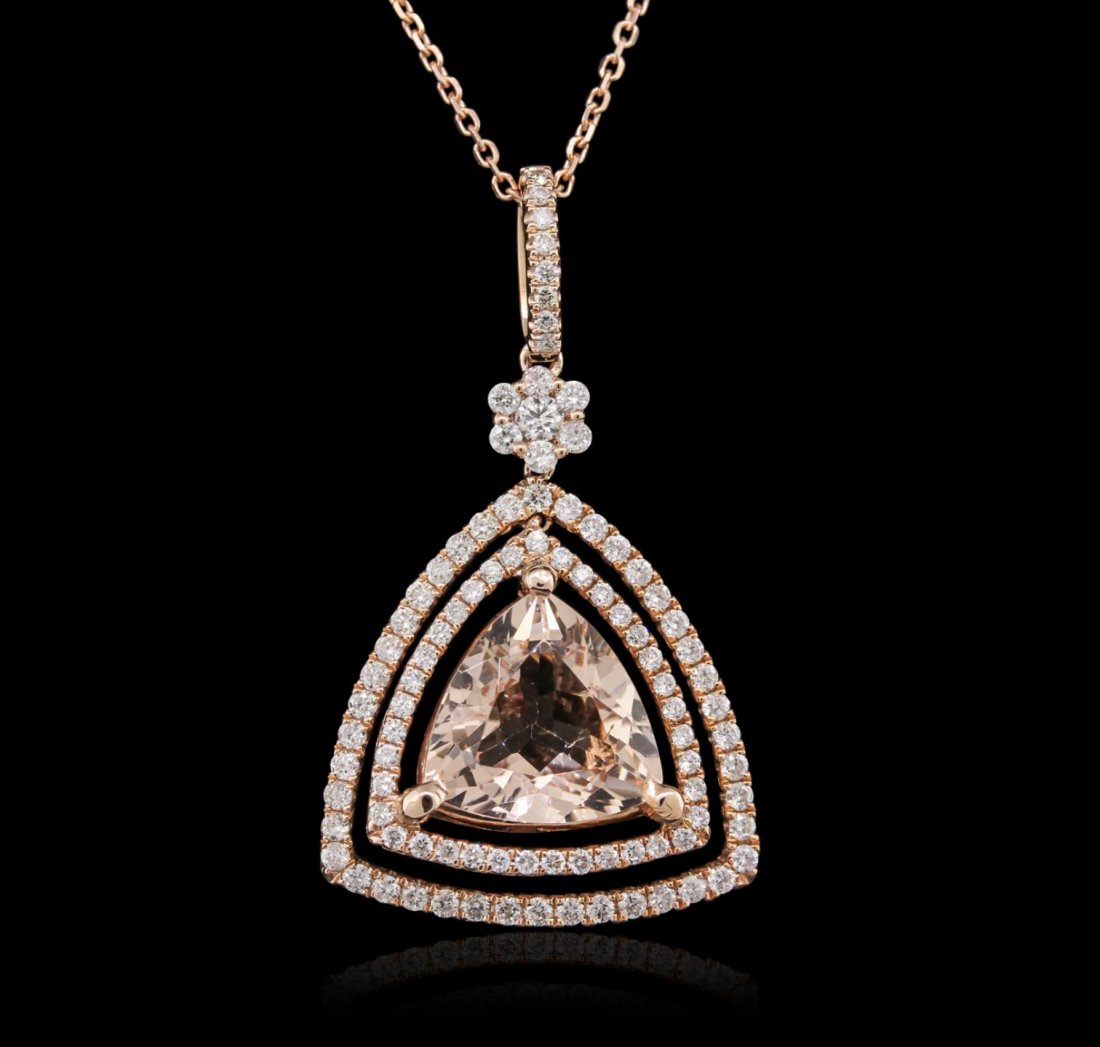 14KT Rose Gold 3.27ct Morganite and Diamond Pendant: 14KT Rose Gold 3.27ct Morganite and Diamond Pendant With Chain A9176. New Condition! WJ8041GK. One electronically tested 14KT rose gold lady's pendant & chain 17.5" long, medium fancy cable link with 