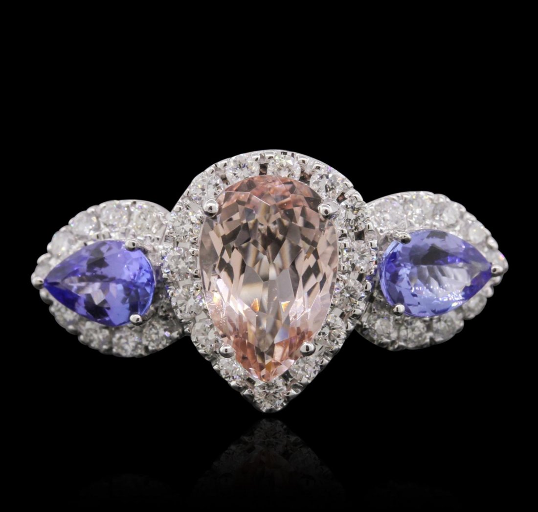 14KT White Gold 2.24ct Morganite, Tanzanite and Diamond: 14KT White Gold 2.24ct Morganite, Tanzanite and Diamond Ring A9873. New Condition! DT5002MX. One electronically tested 14KT white gold ladies cast morganite, tanzanite and diamond ring with a bright p