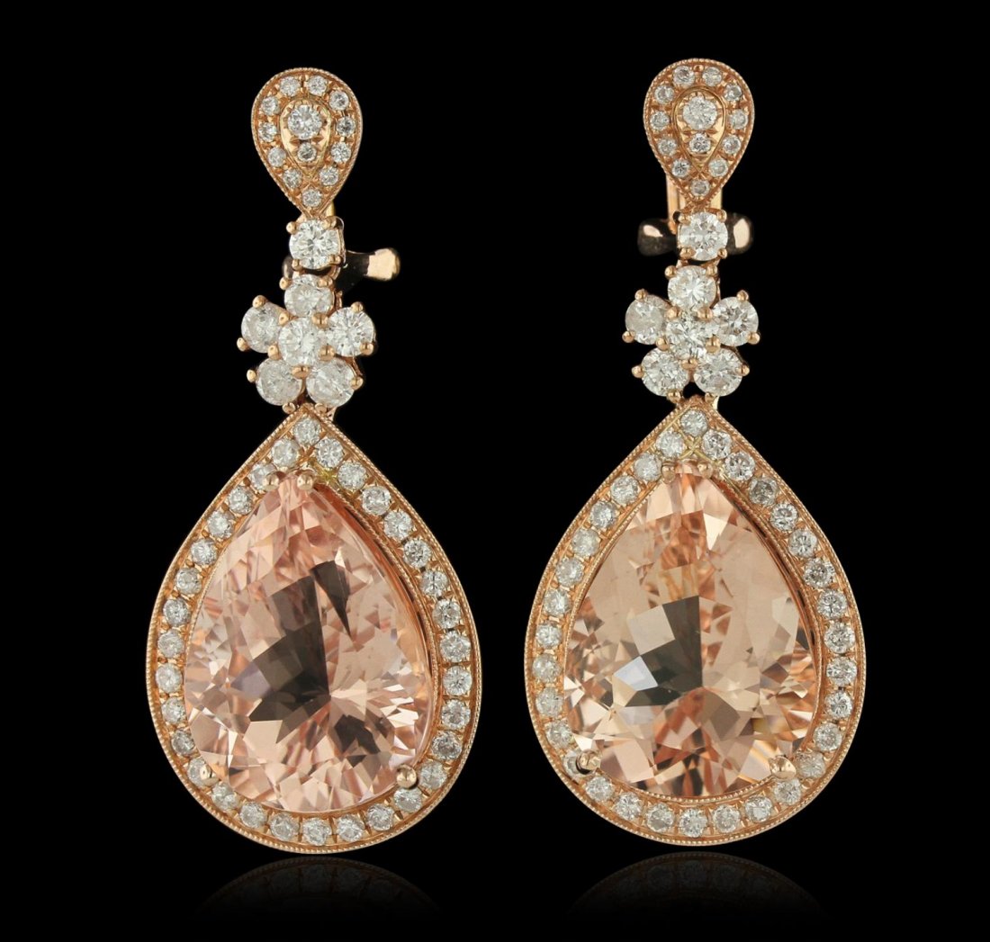 14KT Rose Gold 20.10ctw Morganite and Diamond Earrings: 14KT Rose Gold 20.10ctw Morganite and Diamond Earrings A9331. New Condition! PD3573UC. One pair electronically tested 14KT rose gold ladies cast & assembled morganite and diamond dangle earrings with 