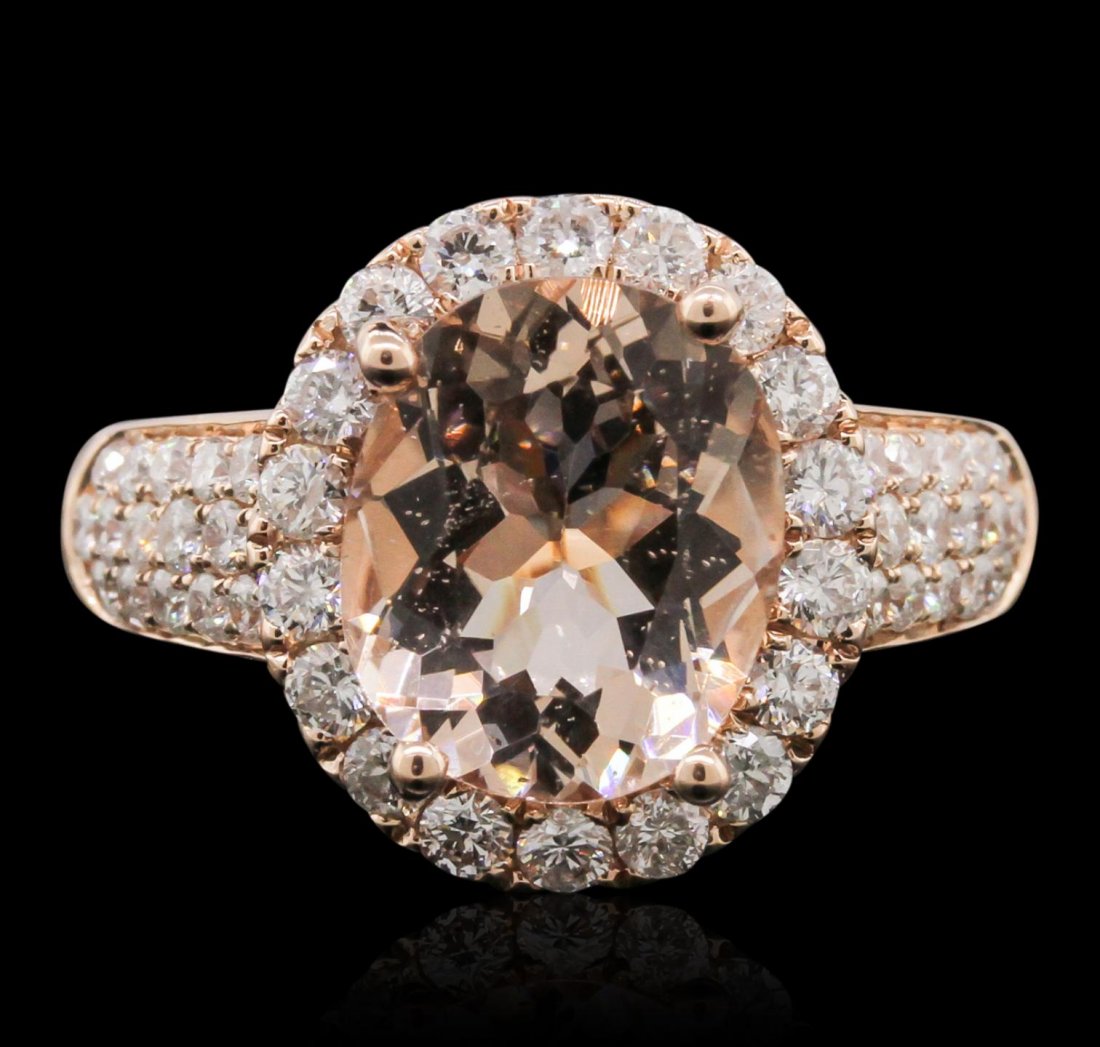 14KT Rose Gold 2.97ct Morganite and Diamond Ring A8704: 14KT Rose Gold 2.97ct Morganite and Diamond Ring A8704. New Condition! BT2051TG. One electronically tested 14KT rose gold lady's combination cast & assembled ring with a bright polish finish. Conditio
