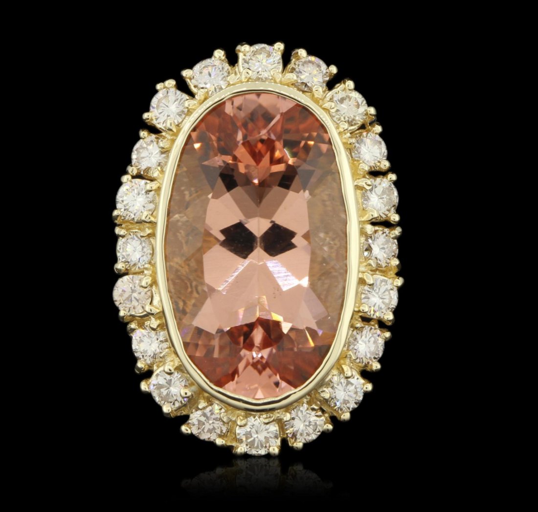 14KT Yellow Gold 13.31ct GIA Cert Morganite and Diamond: 14KT Yellow Gold 13.31ct GIA Cert Morganite and Diamond Ring A6259. Great Condition! NZ4052EP. One electronically tested 14KT yellow gold ladies cast morganite and diamond ring with a bright polish fi