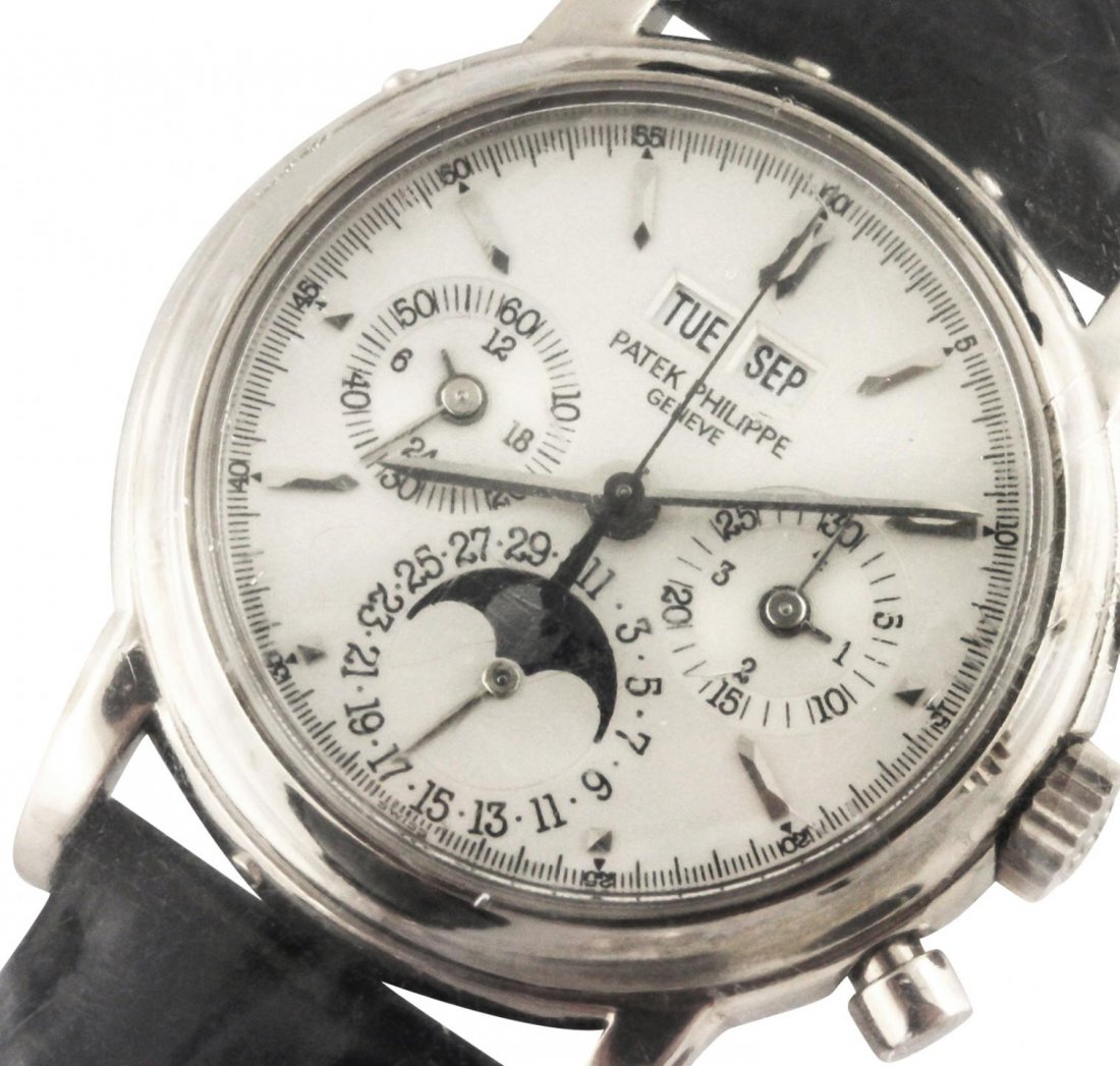 Patek Philippe 3970 18KT White Gold Wristwatch ALC30: Patek Philippe 3970 18KT White Gold Wristwatch ALC30. Good Condition! CN40059PC. One Patek Philippe 3970 Chronograph wristwatch featuring: Black leather bracelet, 18KT White Gold case, crown, lugs, an