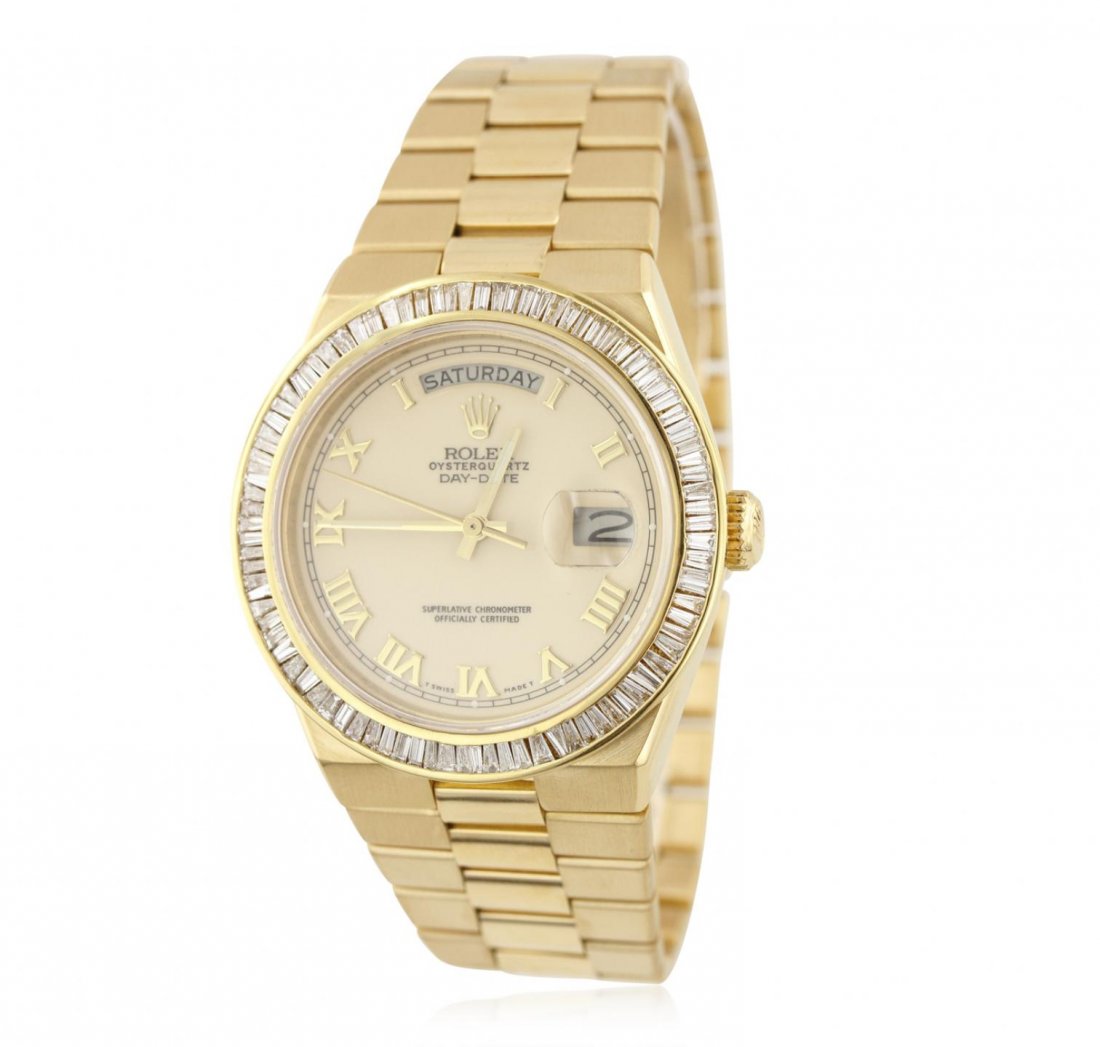 Gents Rolex 18KT Gold OysterQuartz DayDate Model: Gents Rolex 18KT Gold OysterQuartz DayDate Model Diamond Wristwatch GB4896. G-5 Fine Condition! GW60011GV. One gents, hand crafted & machine milled Rolex Day-Date OysterQuartz wristwatch electronicall