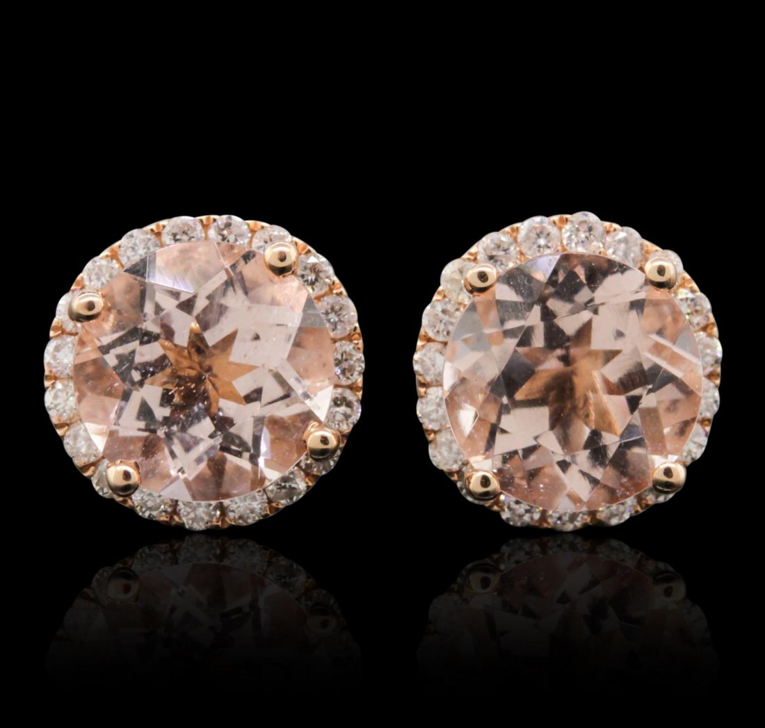 14KT Rose Gold 2.43ctw Morganites and Diamond Earrings: 14KT Rose Gold 2.43ctw Morganites and Diamond Earrings CRJ263. Good Condition! XP305PE. One pair of earrings featuring: 14KT rose gold with a total weight of 1.67 grams, (2) morganites with a total we