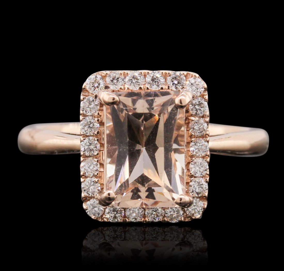 14KT Rose Gold 2.27ct Morganite and Diamond Ring A9358: 14KT Rose Gold 2.27ct Morganite and Diamond Ring A9358. New Condition! JX607XX. One electronically tested 14KT rose gold ladies cast morganite and diamond ring with a bright polish finish. Condition i