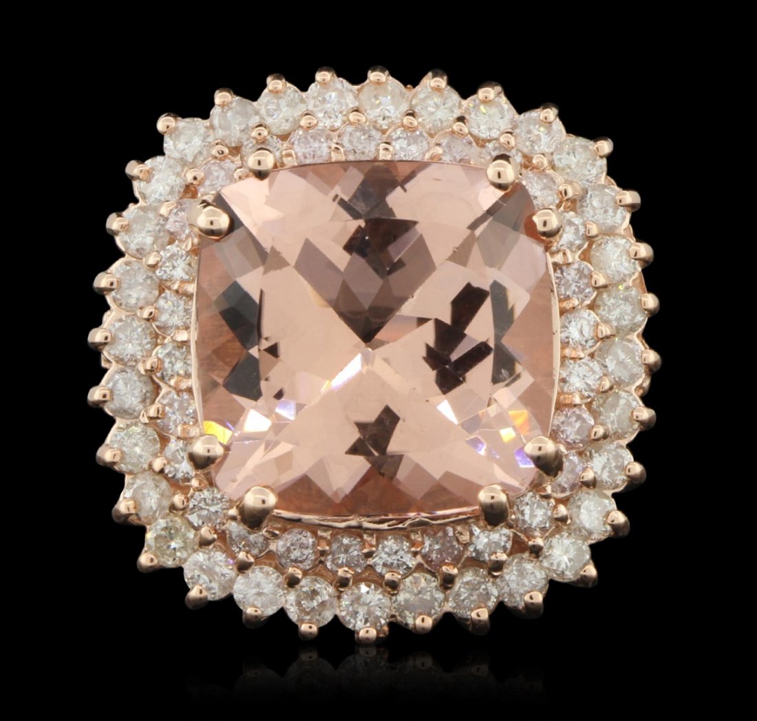 14KT Rose Gold 9.12ct Morganite and Diamond Ring A6149: 14KT Rose Gold 9.12ct Morganite and Diamond Ring A6149. Great Condition! UH2052RW. One electronically tested 14KT rose gold ladies cast morganite and diamond ring with a bright polish finish. Conditio