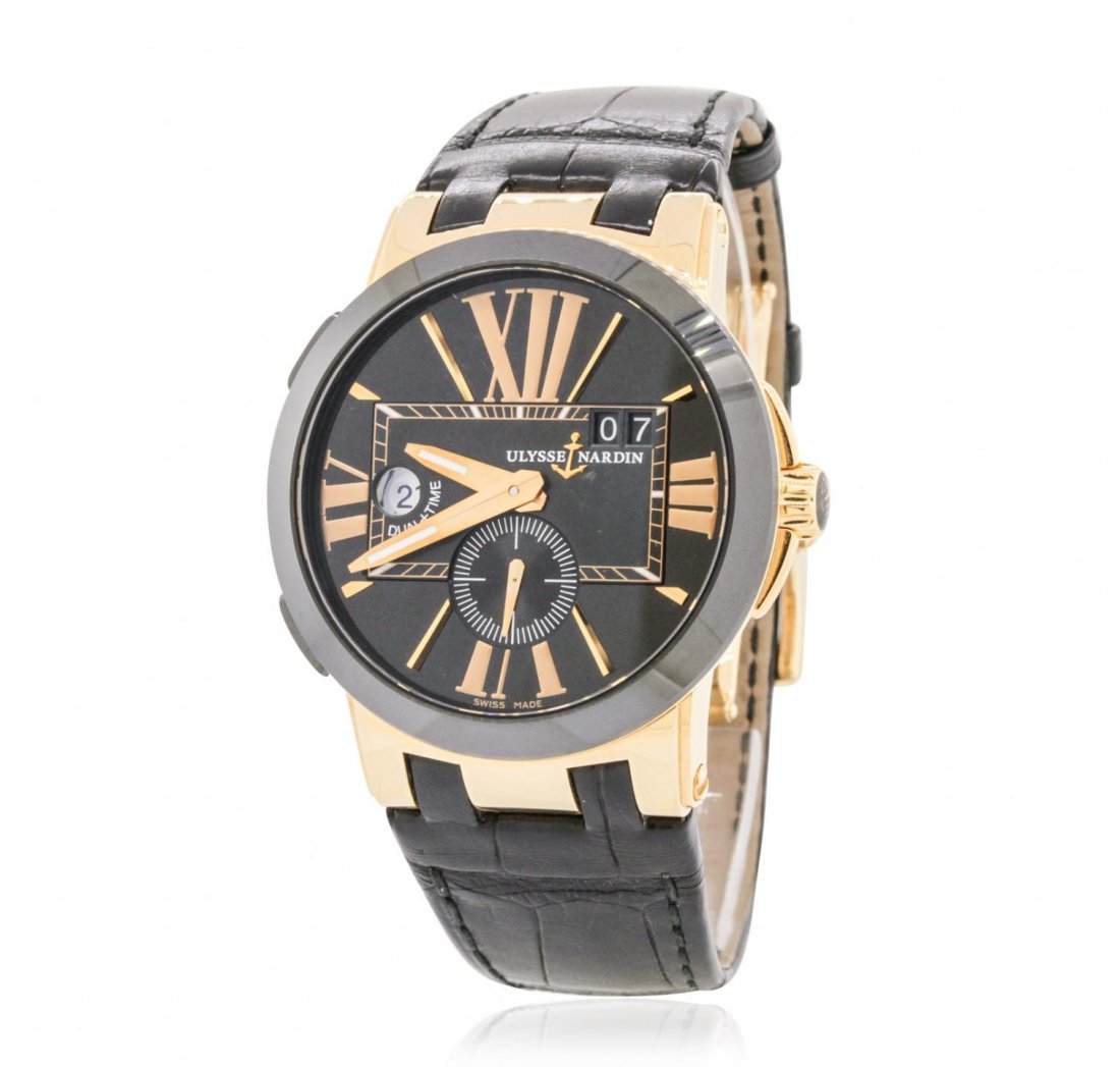 Gents Ulysse Nardin 18KT Rose Gold Executive Dual Time: Gents Ulysse Nardin 18KT Rose Gold Executive Dual Time Wristwatch GB7163. G-6 Extra Fine Condition! WA60011WY. One gents, Executive Dual Time Ulysse Nardin wristwatch electronically tested 18KT rose g