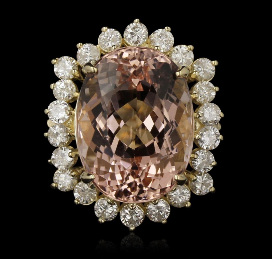 14KT Yellow Gold 11.29ct Morganite and Diamond Ring: 14KT Yellow Gold 11.29ct Morganite and Diamond Ring A7179. Excellent Condition! SU2051JT. One electronically tested 14KT yellow gold Ladies combination cast & assembled cocktail ring with a bright pol