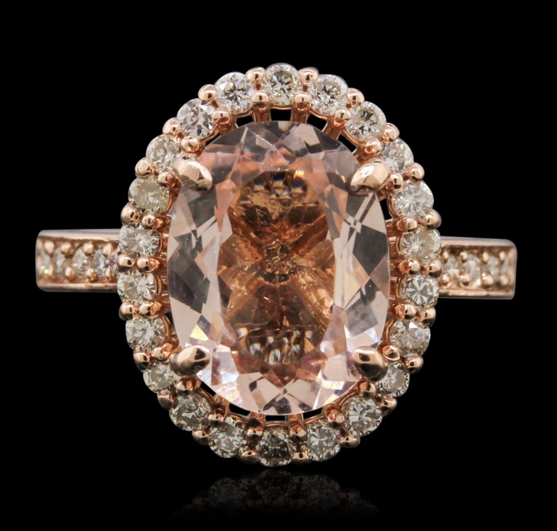 14KT Rose Gold 3.50ct Morganite and Diamond Ring A9119: 14KT Rose Gold 3.50ct Morganite and Diamond Ring A9119. New Condition! US3011CA. One electronically tested 14KT rose gold Ladies combination cast & assembled ring with a bright polish finish. Conditio