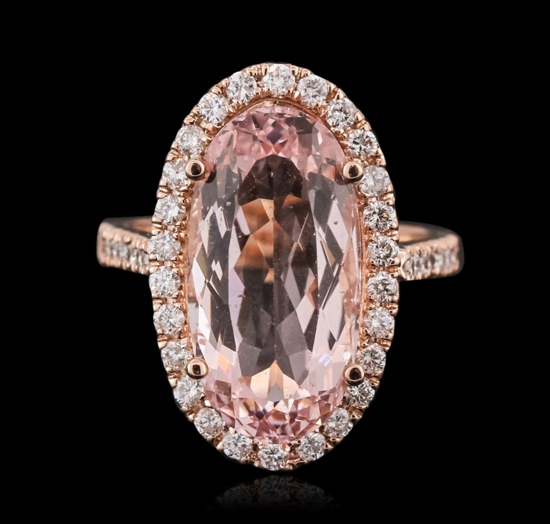 14KT Rose Gold 14.31ct Morganite and Diamond Ring: 14KT Rose Gold 14.31ct Morganite and Diamond Ring A11346. New Condition! AY8041FM. One electronically tested 14KT rose gold ladies combination cast & assembled ring with a bright polish finish. Identi