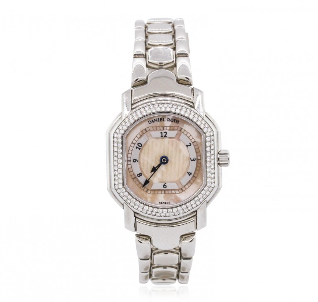 Ladies Stainless Steel Diamond Daniel Roth Wristwatch: One ladies Daniel Roth Luxury Dress Style Wristwatch featuring: Factory Diamond Bezel, Stainless Steel Case, Screw Down Crown, and Lugs, Salmon Guilloche Mother of Pearl Dial with Analog Display, Arab