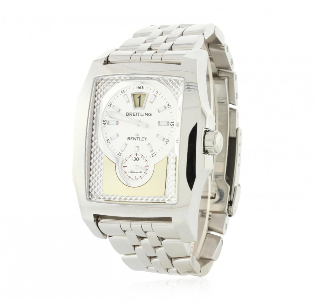 Breitling Bentley Flying "B" Stainless Steel Wristwatch: One Breitling Bentley Flying "B" Stainless Steel Wristwatch featuring: 38.5 x 57.3 mm polished stainless steel case with a thickness of 13 mm, water resistance of up to 10 barometers/100m/330ft, screw