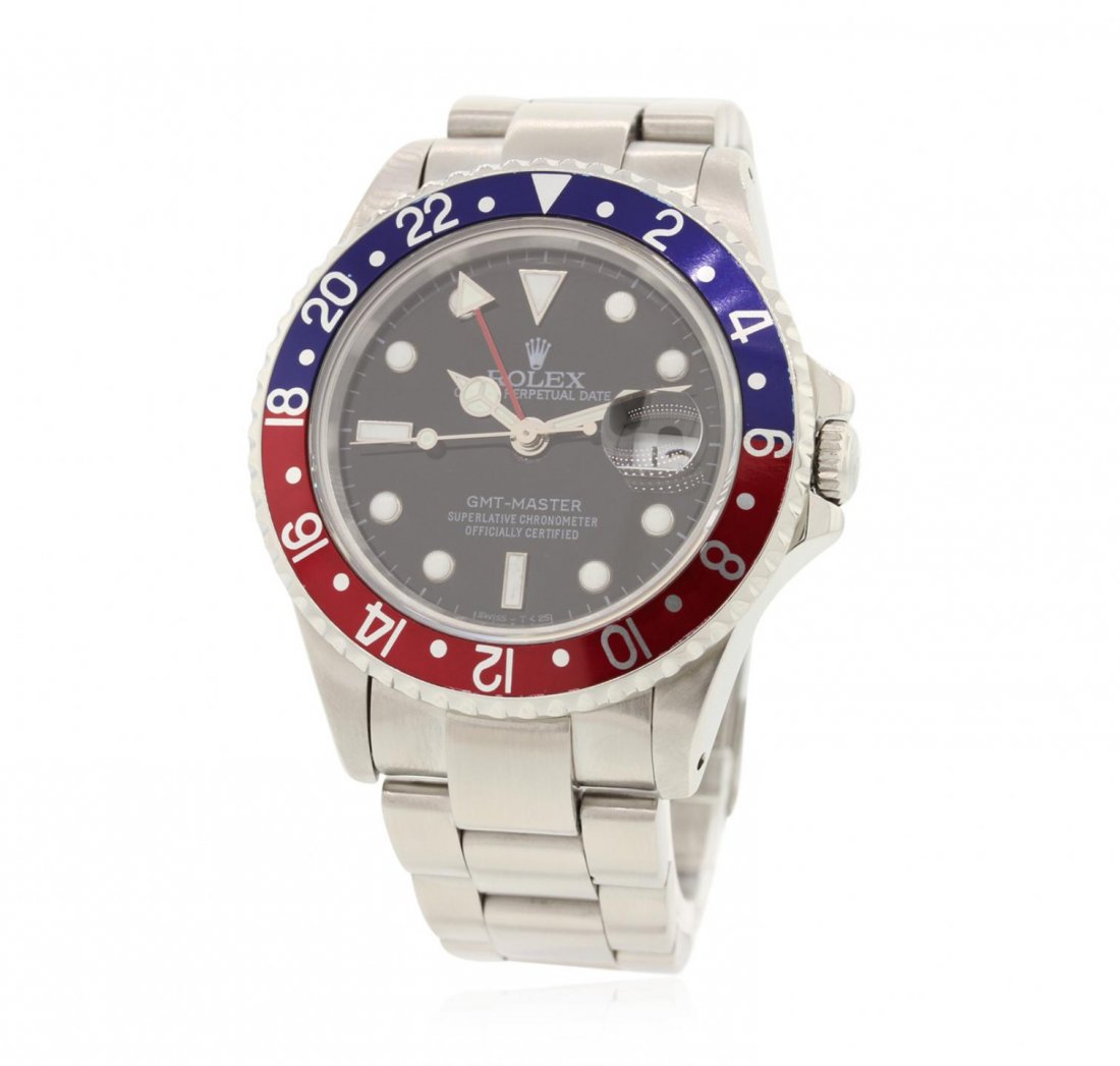 Gents Rolex Date Model GMT-Master Wristwatch: One gents, hand crafted & machine milled Rolex Dategm.TMaster model wristwatch electronically tested stainless steel, Case: 40mm oyster, Crown: twin lock with logo, set within protective shoulders, Bi