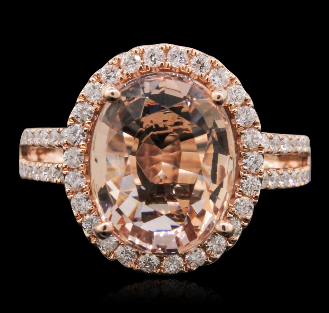 14KT Rose Gold 5.05ct Morganite and Diamond Ring: One electronically tested 14KT rose gold Ladies combination cast & assembled ring with a bright polish finish. Condition is new. Identified with markings of "14K". Containing: Fifty-Five prong set rou
