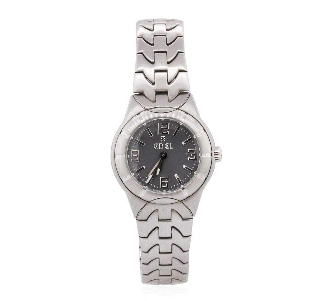Ladies Stainless Steel Ebel Wristwatch: One ladies Ebel Type E 9157C11/3716 Dress Style Wristwatch featuring: Brushed Stainless Steel E-Shaped Links 13mm wide Bracelet, Lugs, Bezel, Crown, and 25mm diameter/8mm thick Case, Charcoal Gray Dia