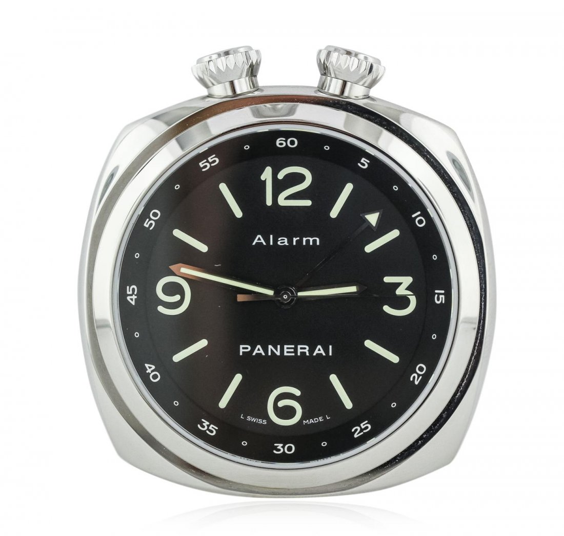 Panerai Radiomir Alarm Clock Stainless Steel Wristwatch: One Panerai Radiomir Alarm Clock featuring: Swiss movement, Stainless Steel case, crown, lugs, and bezel, black dial with analog display, luminescent Arabic numerals and hour, minute, and second hands