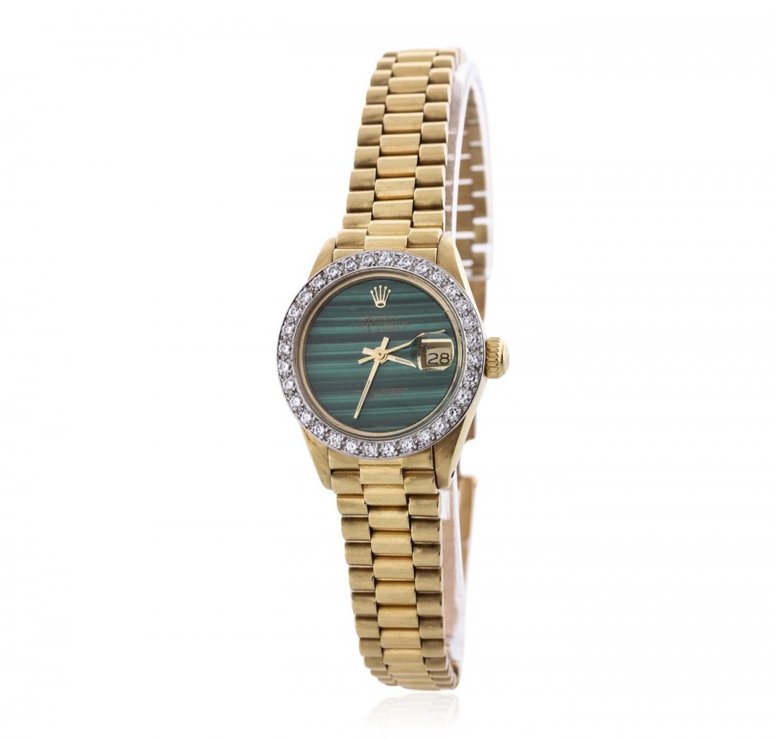 Ladies Rolex 18KT Yellow Gold 1.00ctw Diamond DateJust: One ladies, hand crafted & machine milled Rolex DateJust model the Lady President wristwatch electronically tested 18KT yellow gold, Circa: 1978, Case: 26mm oyster, Crown: twinlock with logo, Custom B