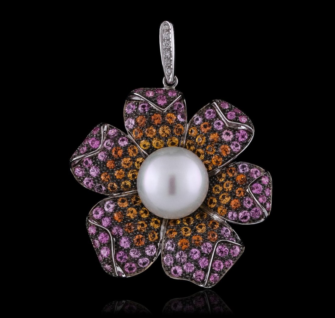 18KT White Gold Pearl, Multi-Color Sapphire and Diamond: One electronically tested 18KT white gold ladies cast & assembled multi-gemstone and diamond pendant with a bright and anodized finish. The pendant features a flower design consisting of a cultured so