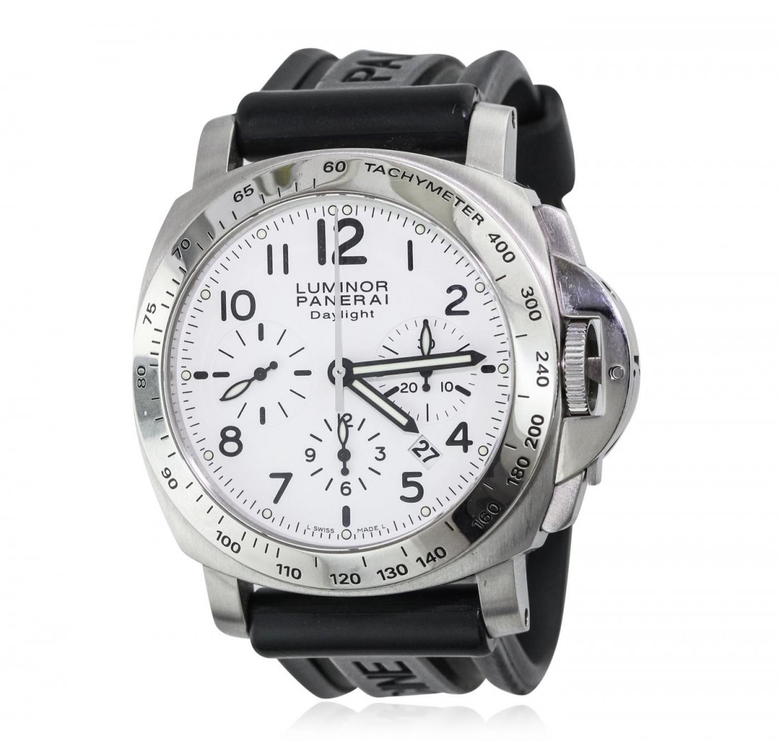 Gents Panerai Luminor Chrono Daylight Wristwatch: One, Panerai Luminor Chrono Daylight wristwatch electronically tested stainless steel, Case: 44mm, brushed finish, water resistant to 100 meters / 330 feet, Fixed Bezel: engraved Tachymeter scale, Cro
