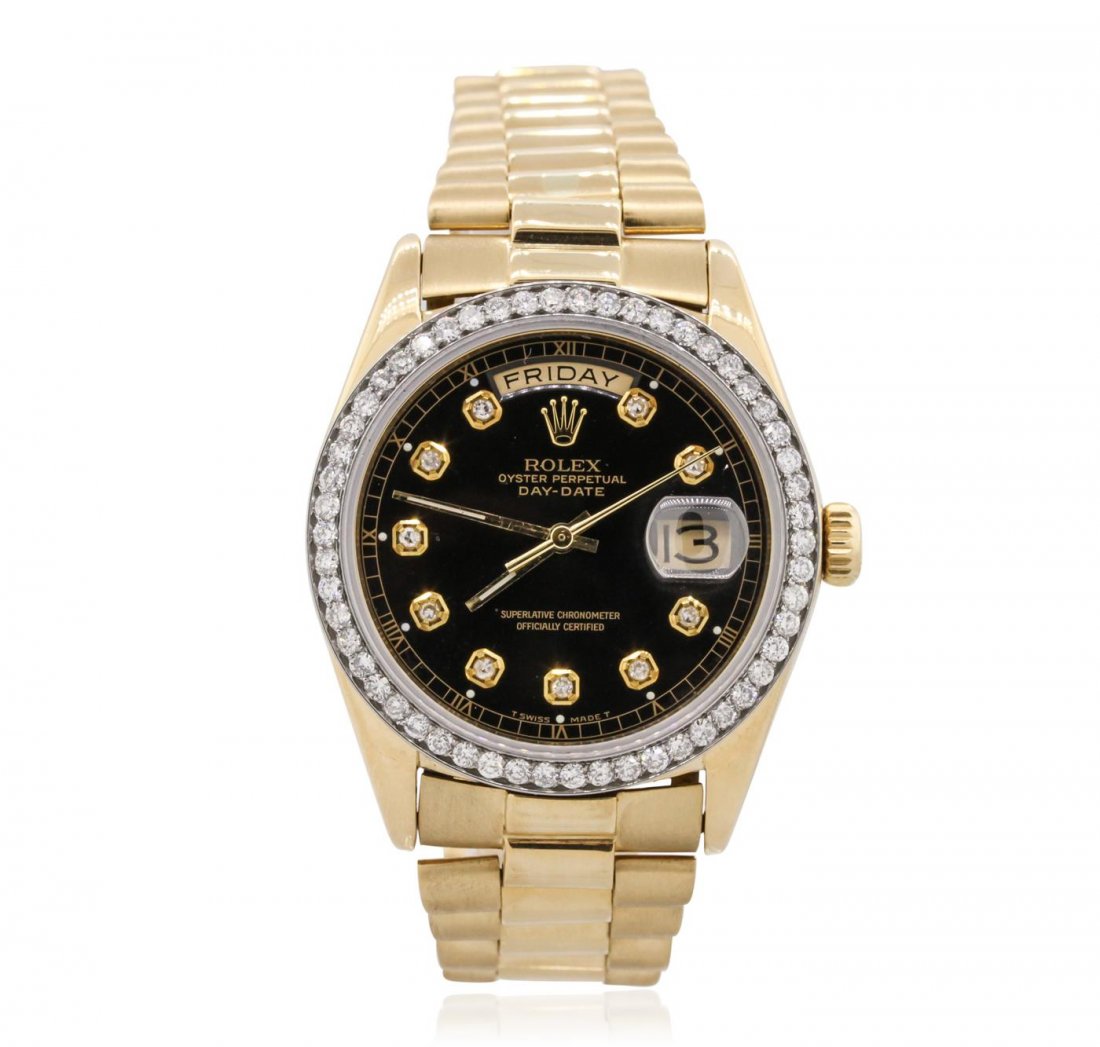 Gents Rolex 18KT Yellow Gold 1.60ctw Day Date Diamond: One gents, hand crafted & machine milled Rolex Day Date Model wristwatch electronically tested 18KT yellow gold, Case: 36mm oyster, Crown: twin lock with logo, Custom Bezel: diamond set, Custom Crysta