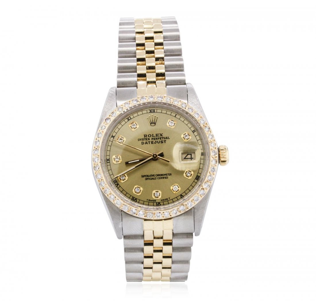 Gents Rolex Two-Tone 1.15ctw Diamond DateJust: One gents, hand crafted & machine milled Rolex two-tone DateJust wristwatch electronically tested, Stainless Steel Case: 36mm oyster, 14KT yellow gold Crown: twinlock with logo, Custom Bezel: diamond 