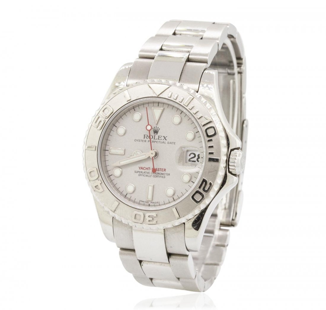 Ladies Rolex Stainless Steel Yachtmaster Wristwatch: One, hand crafted & machine milled Rolex stainless steel Yacht-Master wristwatch electronically tested, Case: 35mm oyster, Crown: twinlock with logo, set within protective shoulders, Platinum Bezel: r