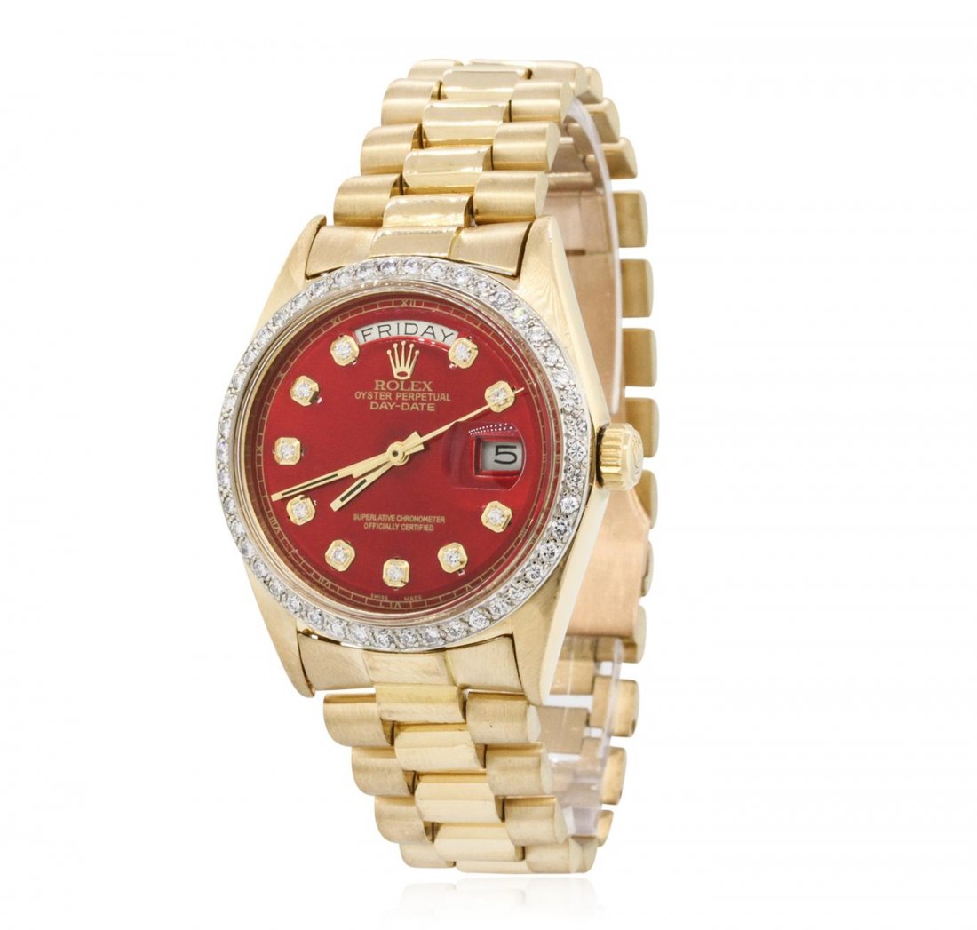Gents Rolex 18KT Yellow Gold 1.40ctw Diamond DayDate: One gents, hand crafted & machine milled vintage Rolex DayDate Model wristwatch electronically tested 18KT yellow gold, Case: 36mm oyster, Crown: twin lock with logo, Custom Bezel: diamond set, Crysta