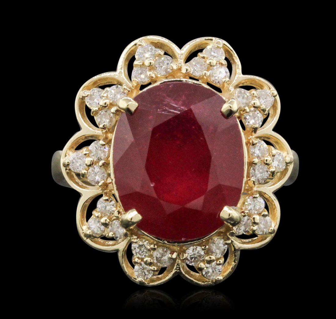 14KT Yellow Gold 6.29ct Ruby and Diamond Ring: One electronically tested 14KT yellow gold ladies combination cast & assembled ring with a bright polish finish. Condition is new. Identified with markings of "K14". Containing: One prong set oval mod