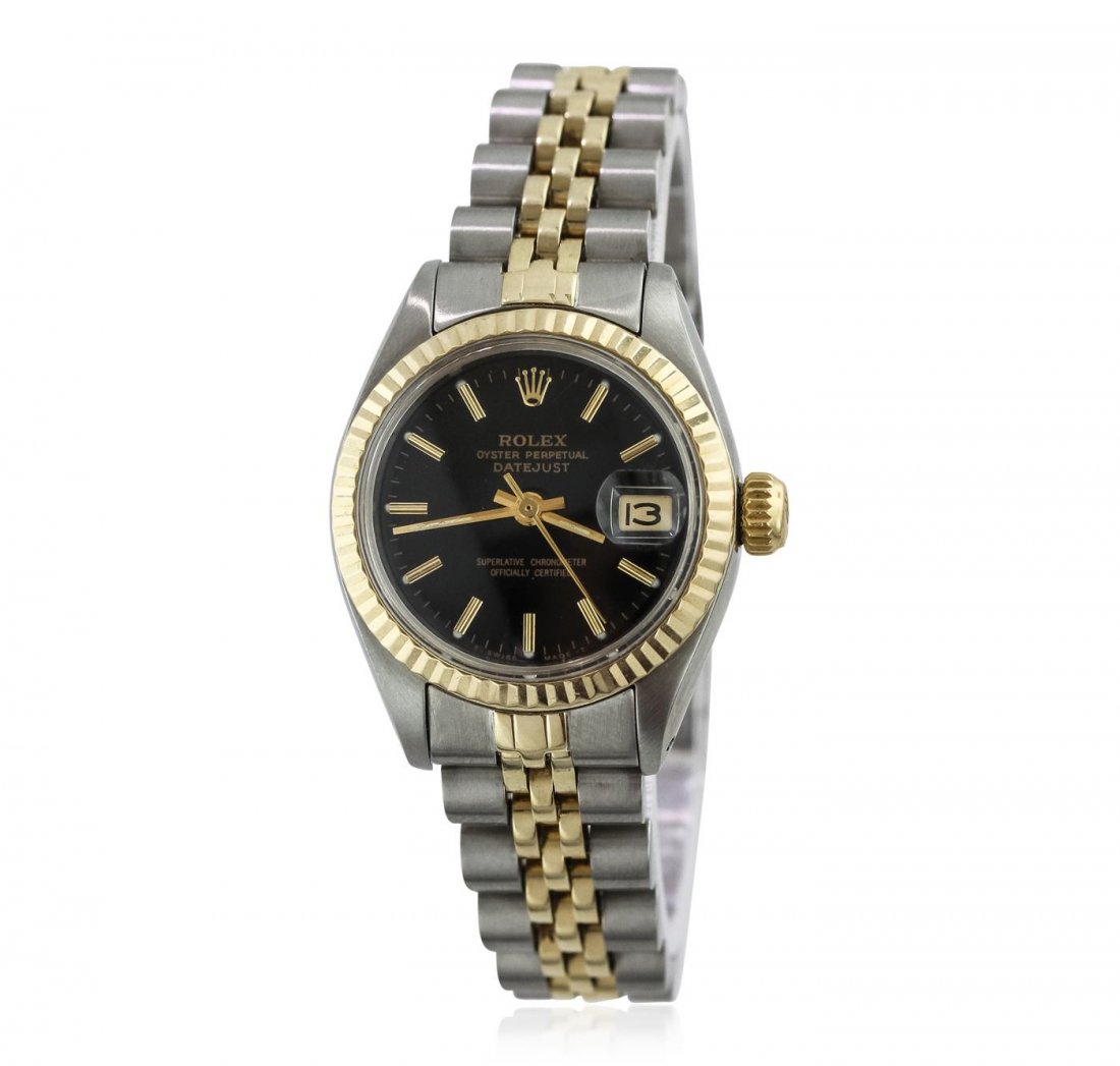 Ladies Rolex Two-Tone DateJust Wristwatch: One ladies, hand crafted & machine milled Rolex two-tone DateJust wristwatch electronically tested; Circa: 1981, stainless steel Case: 26mm oyster, 14KT yellow gold Crown: twinlock with logo, 14KT yel