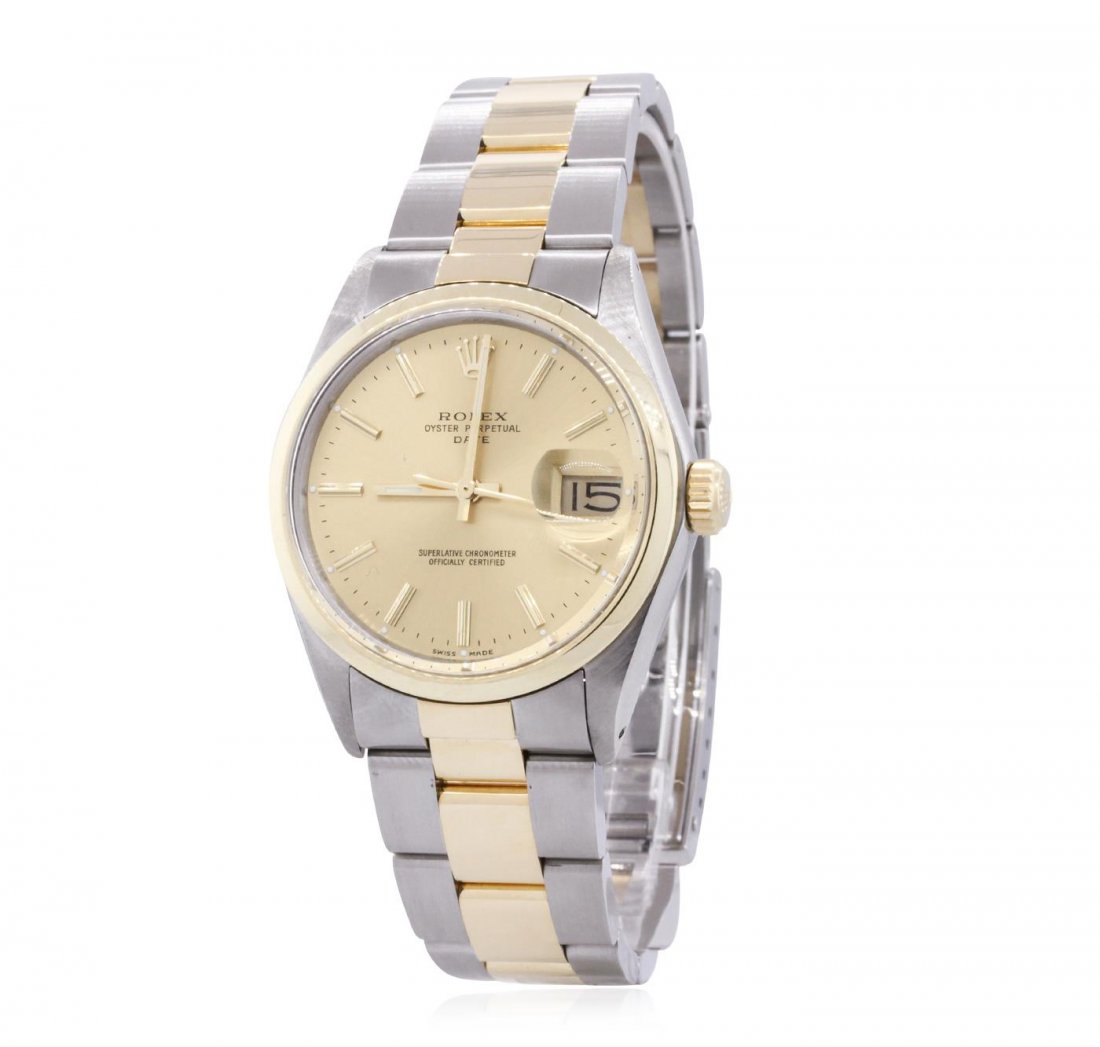 Gents Rolex Two-Tone Date Wristwatch: One gents, hand crafted & machine milled Rolex Date Model wristwatch electronically tested, Stainless Steel Case: 35mm oyster, yellow gold Crown: twin lock with logo, yellow gold Bezel: high polish, C