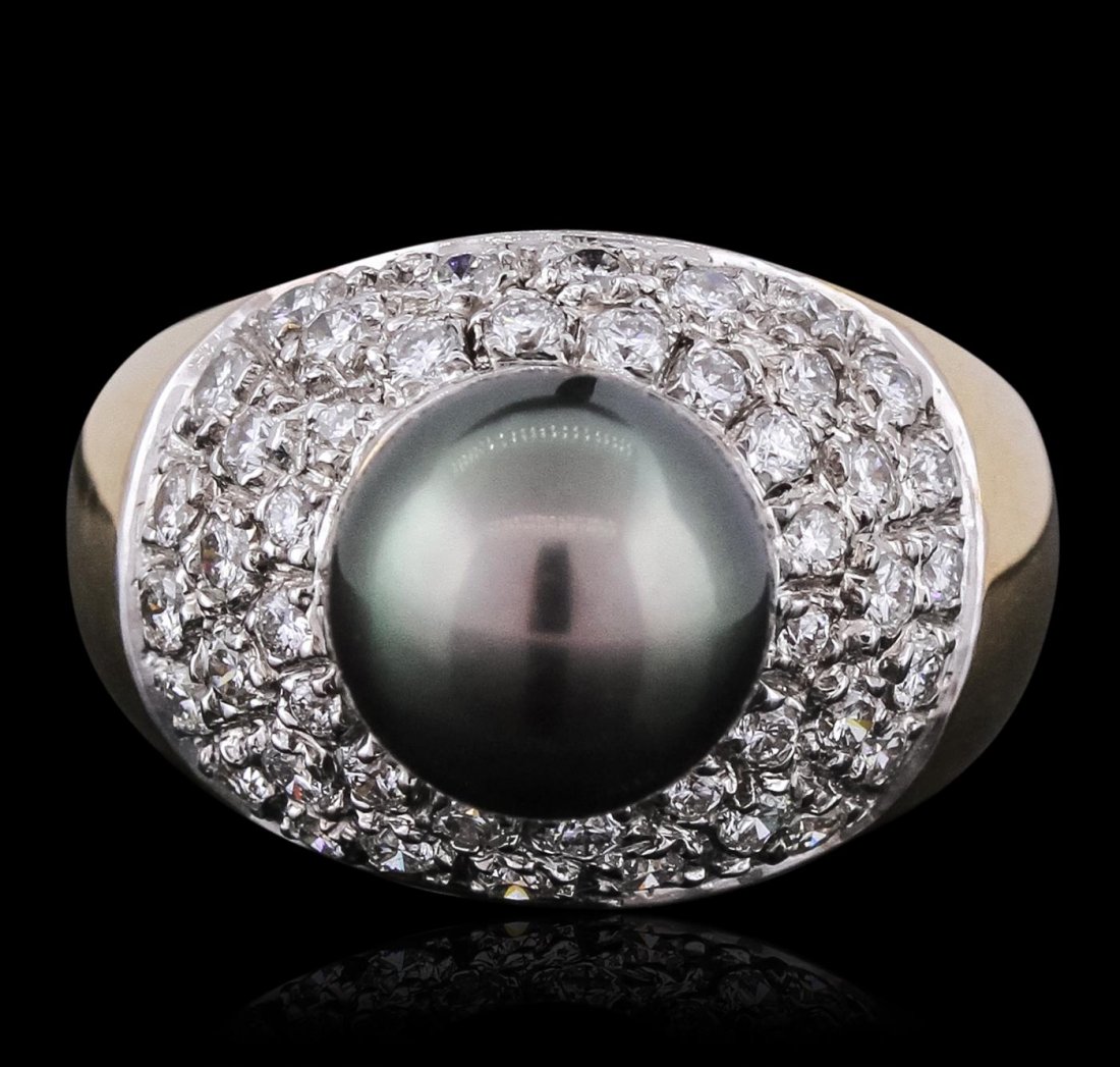 14KT Yellow Gold 9.00mm Pearl and Diamond Ring: One 14KT Yellow Gold ring with a total weight of 8.20 grams, featuring: diamonds with a total weight of 0.78ctw and (1) tahitian pearl measuring 9mm.