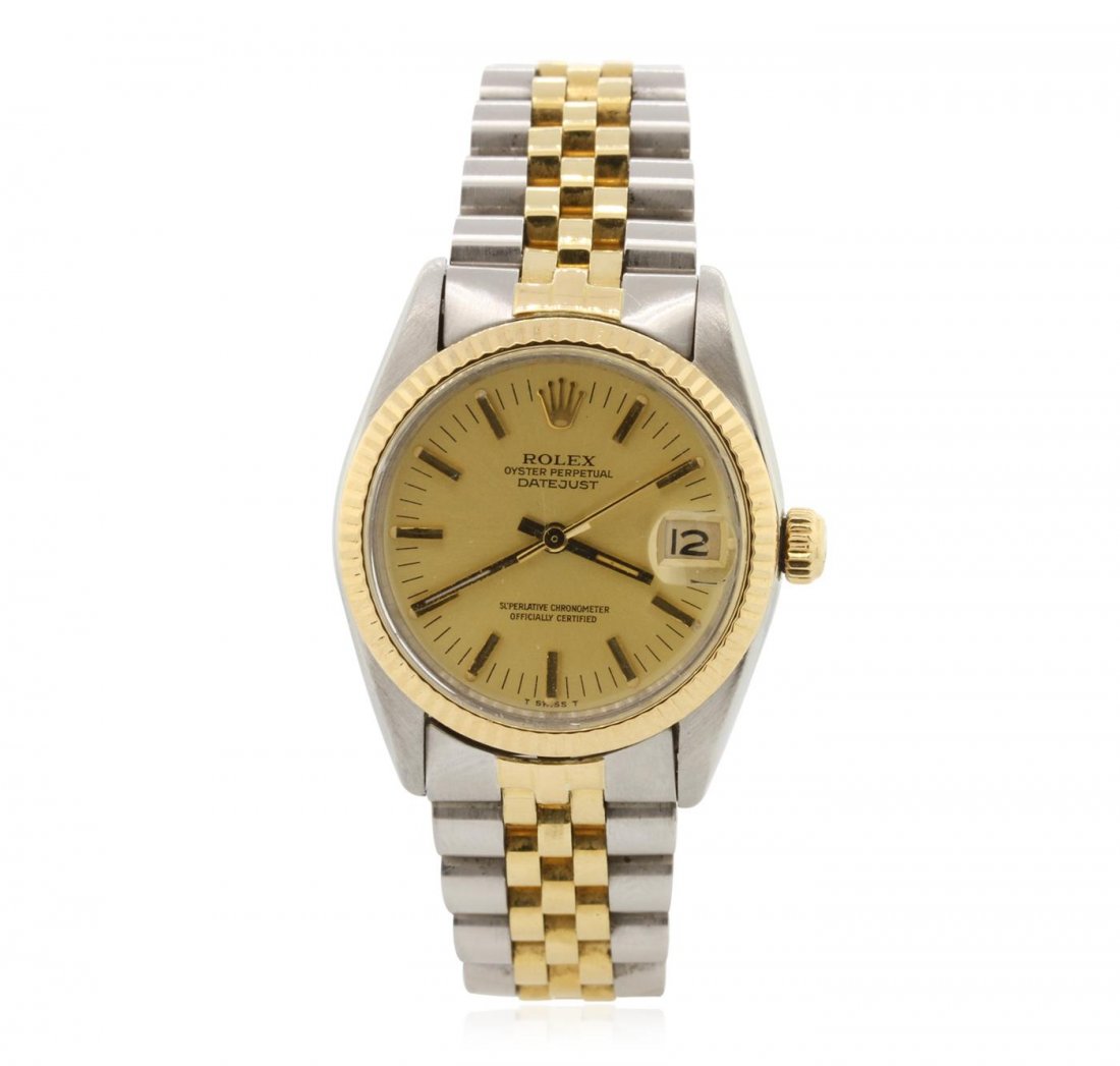 Rolex DateJust Mid-Size Wristwatch: One, hand crafted & machine milled Rolex two-tone Mid-Size DateJust wristwatch electronically tested, Stainless Steel Case: 30mm oyster, 18KT yellow gold Crown: twinlock with logo, 18KT yellow gold Be