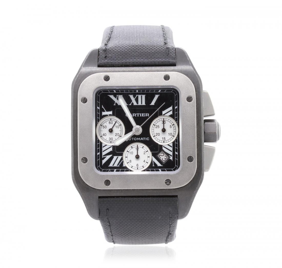 Cartier PVD Titanium Santos 100 Wristwatch: One Cartier Santos 100 Automatic Chronograph wristwatch electronically tested PVD Titanium, Case: 55 x 42mm, Case Back: secured by eight set screws, Crown: septagonal, set with a faceted crystal, Beze