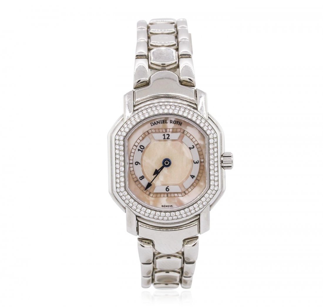 Ladies Stainless Steel Diamond Daniel Roth Wristwatch: One ladies Daniel Roth Luxury Dress Style Wristwatch featuring: Factory Diamond Bezel, Stainless Steel Case, Screw Down Crown, and Lugs, Salmon Guilloche Mother of Pearl Dial with Analog Display, Arab